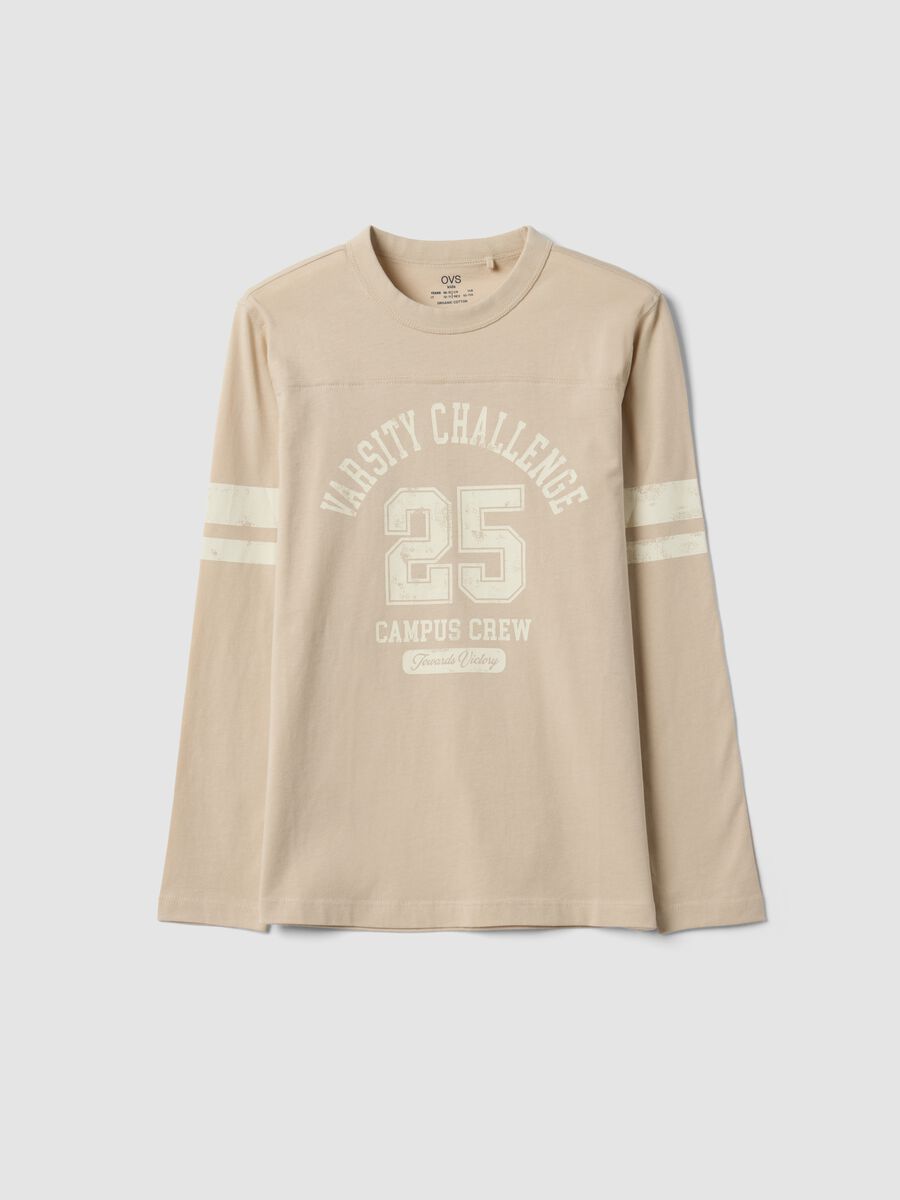 T-shirt beige in puro cotone organico con stampa college per ragazzo_3