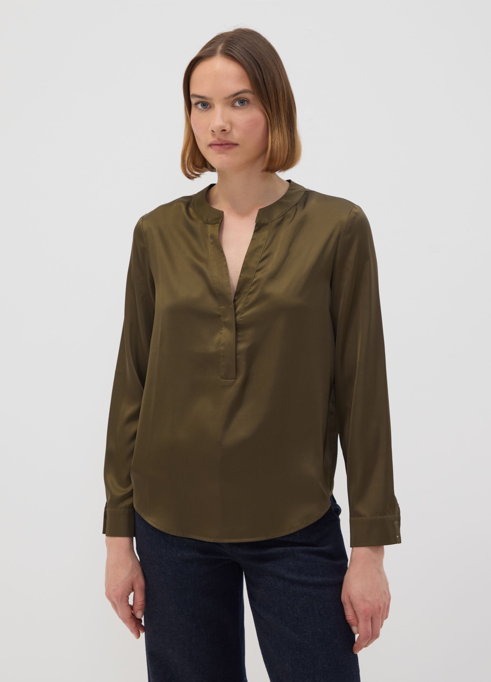 Green stretch shirt with Mandarin collar