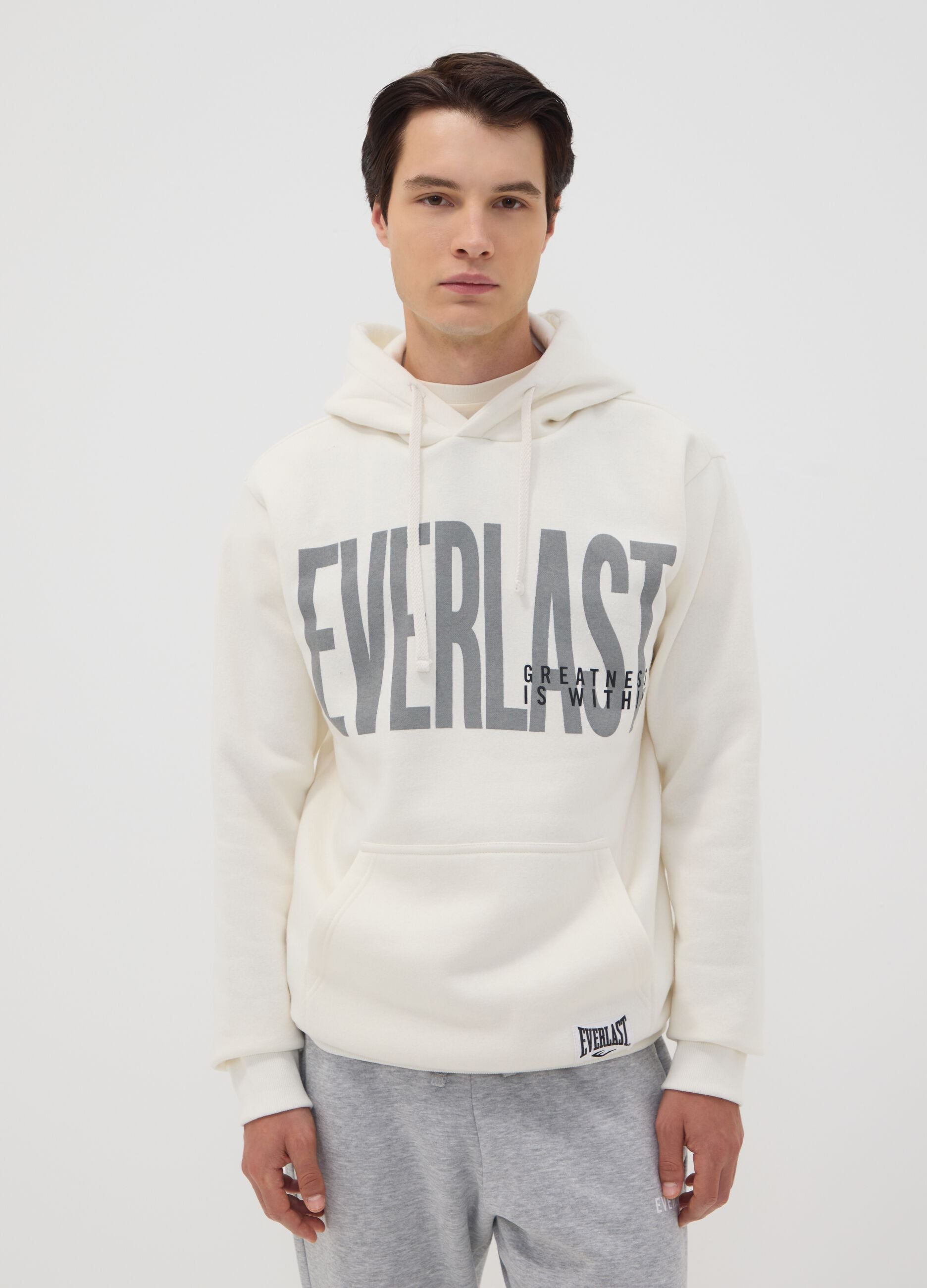 White cotton-blend hoodie with front print