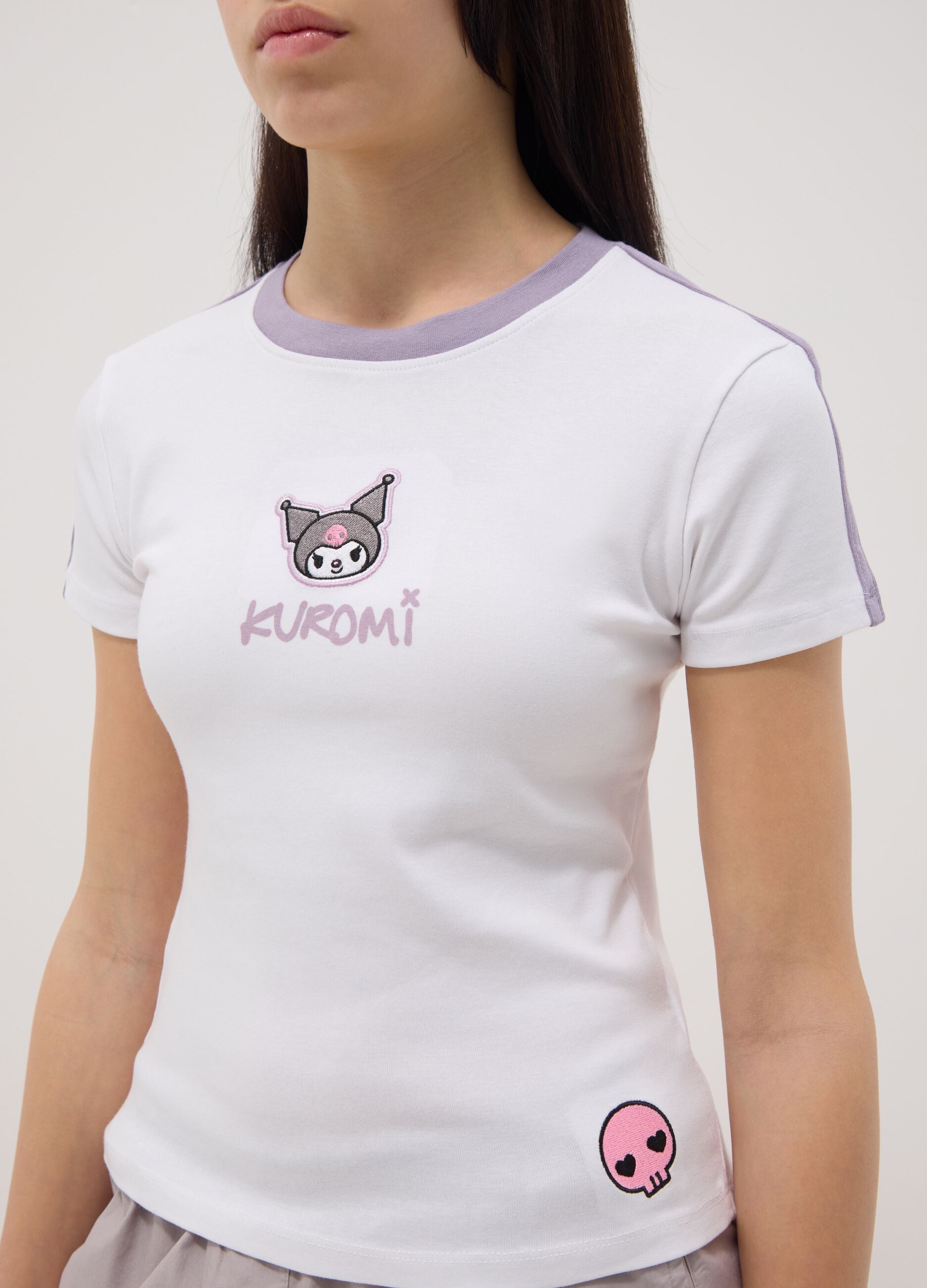 Girls' White Stretch Cotton Slim Fit T-shirt with Kuromi