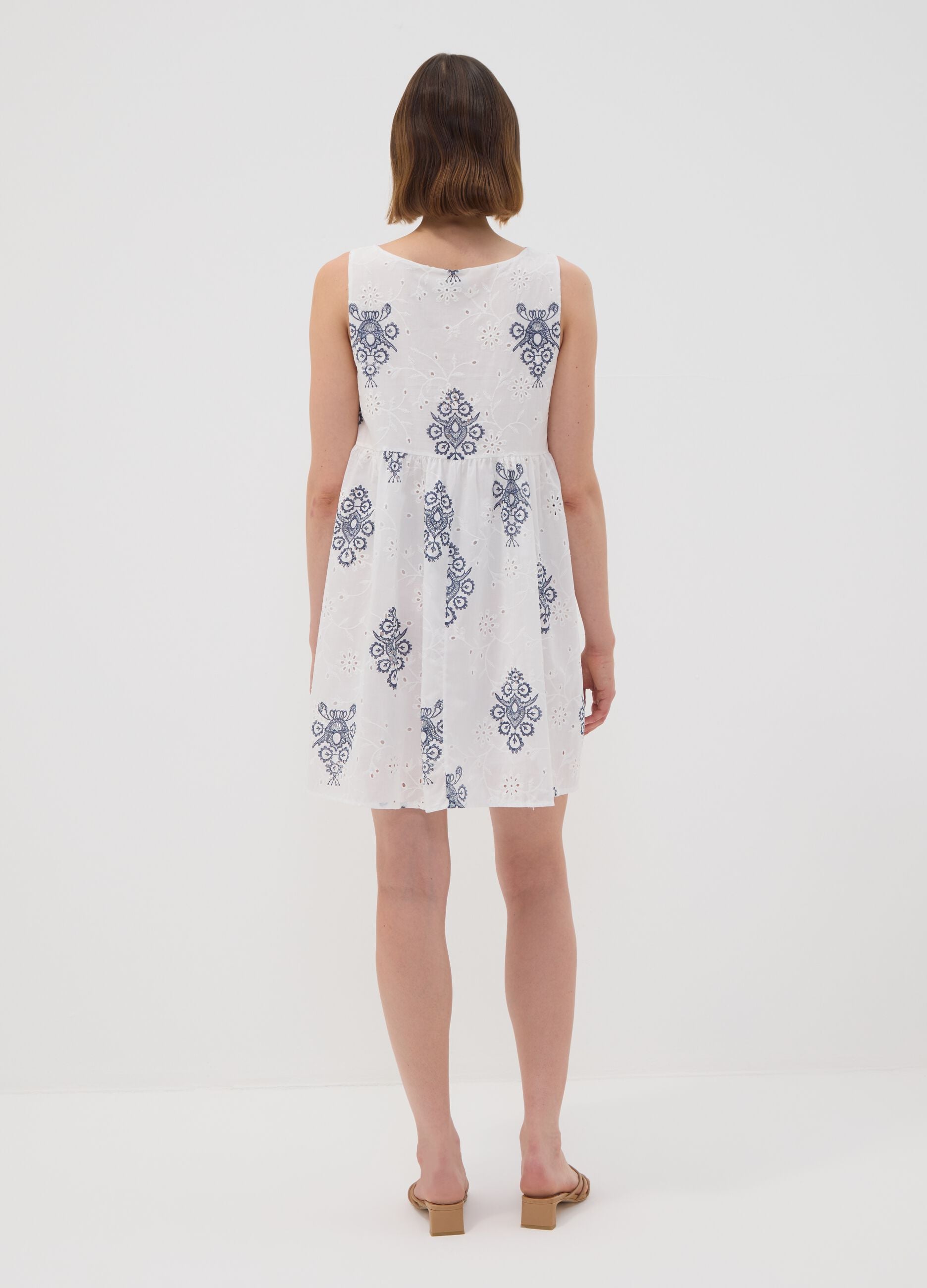 White broderie anglaise pure cotton dress with blue embroidery, regular fit