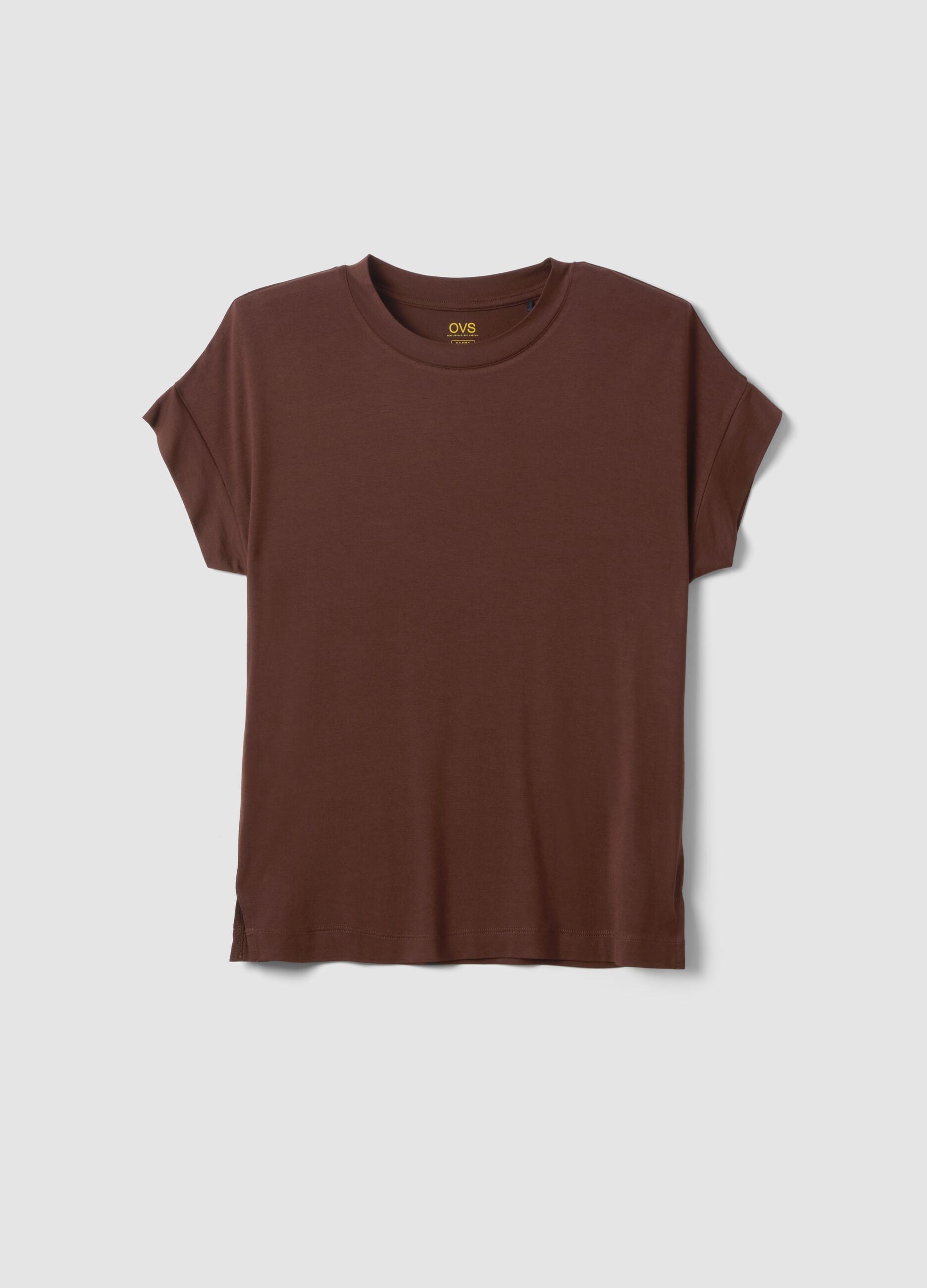 Brown short-sleeved stretch viscose T-shirt