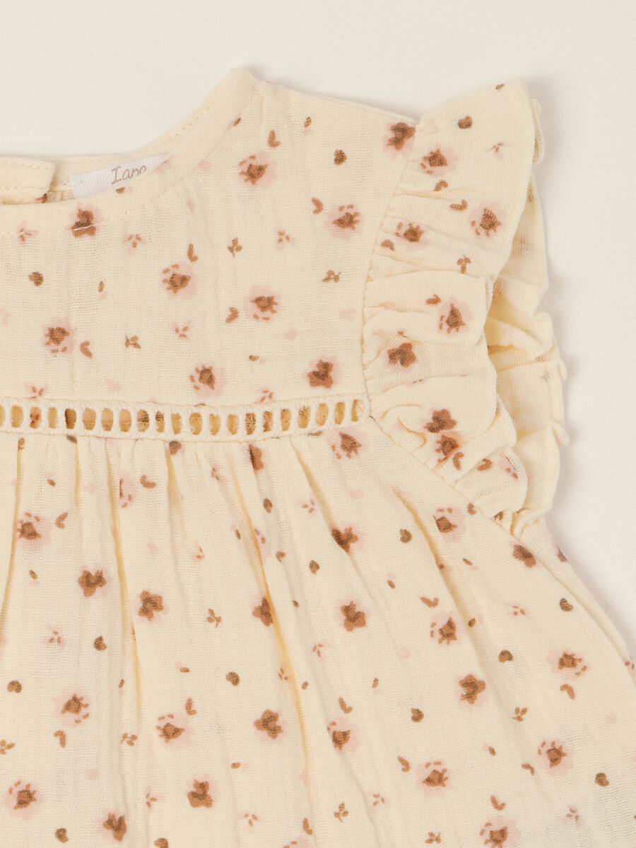 Completo beige da neonata in puro cotone con stampa floreale_2