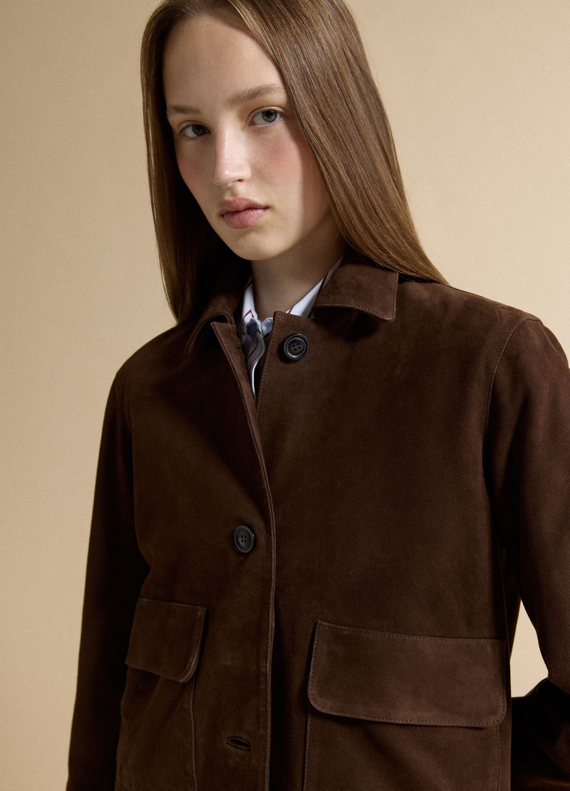 Brown Genuine Leather Blazer with Regular Fit and Classic Lapels