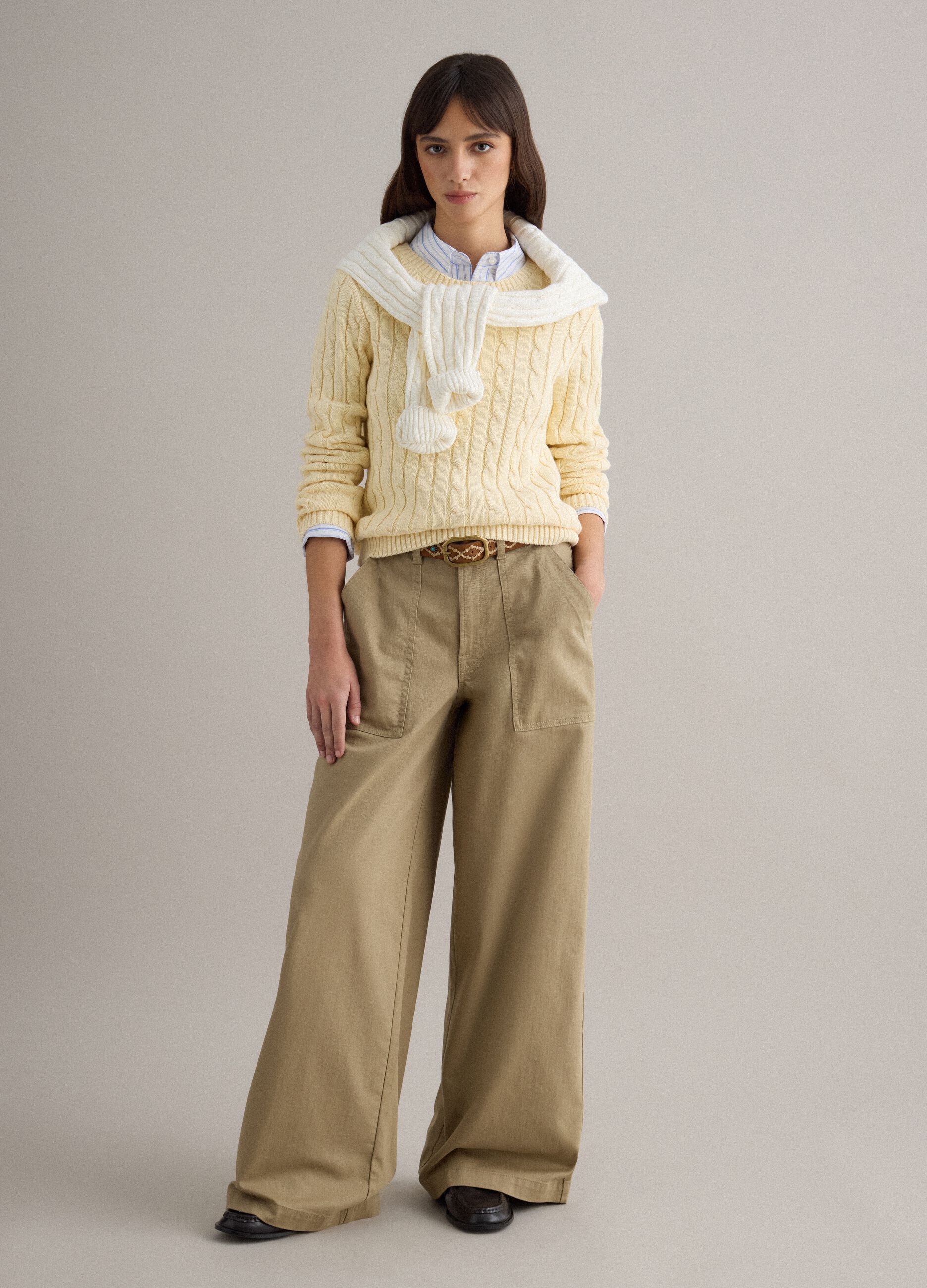 Yellow pure cotton regular fit cable knit jumper