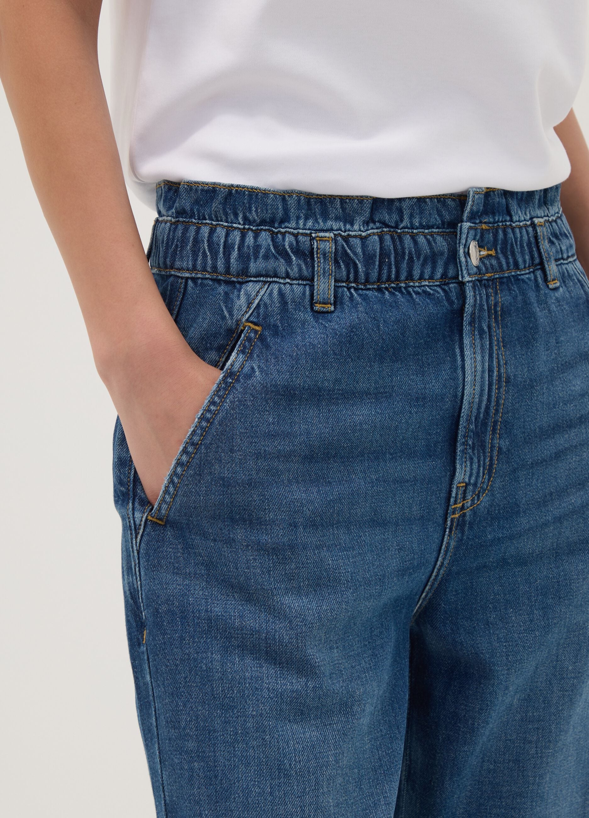 Blue pure cotton denim jeans with paperbag waist, baggy fit