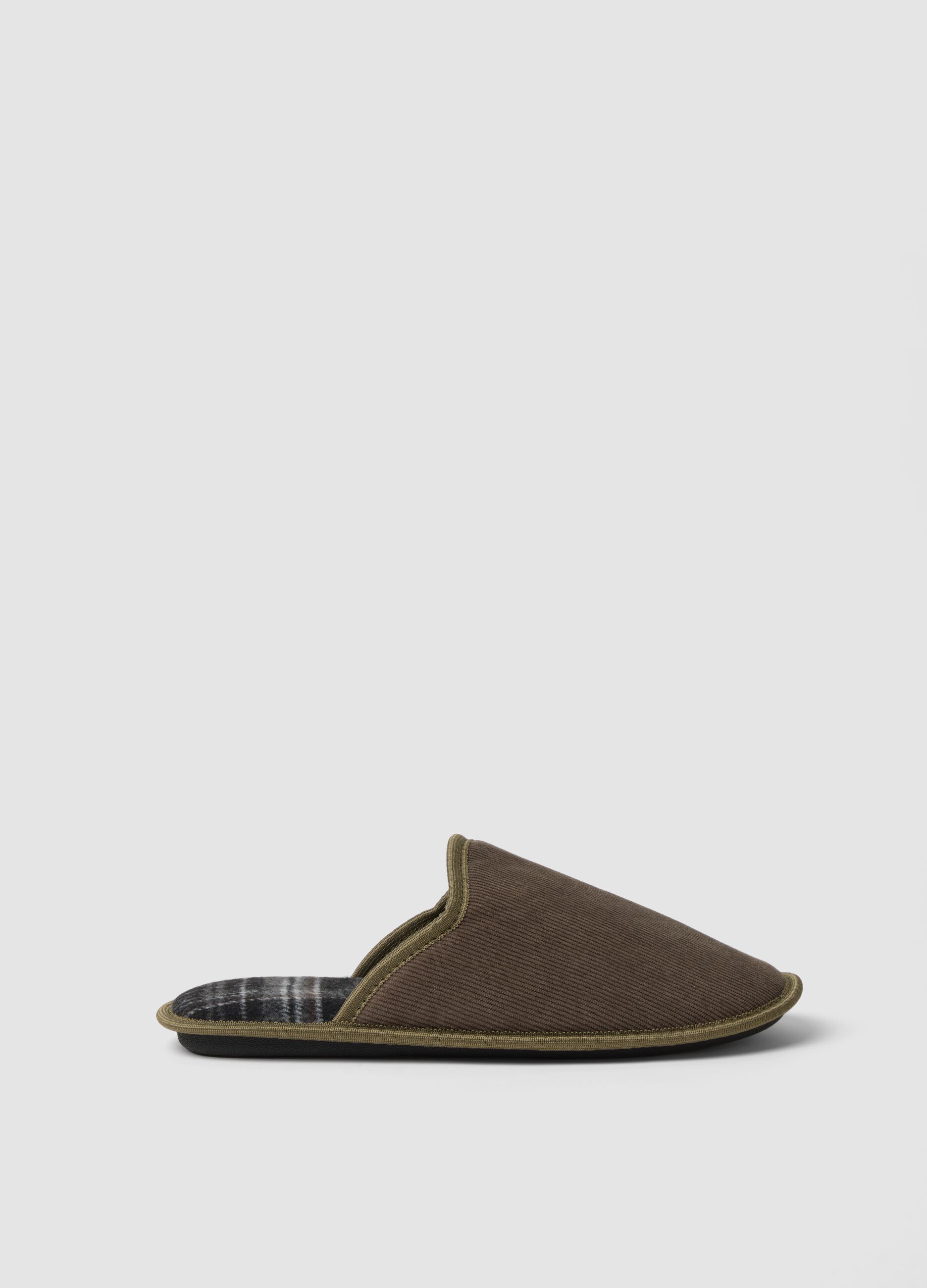 Brown slip-on house slippers with checked lining
