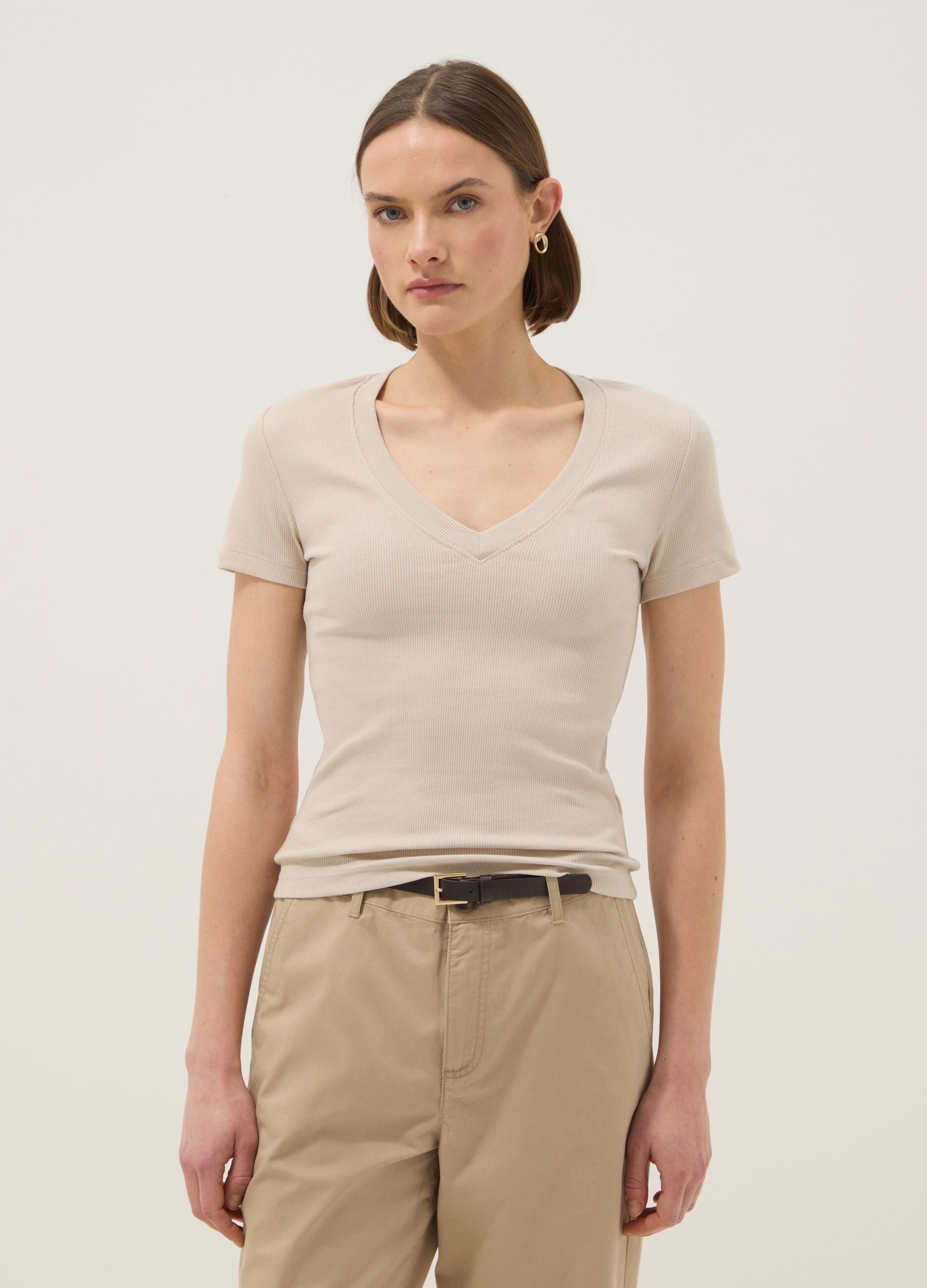 Beige Stretch Cotton Regular Fit T-shirt Deep V