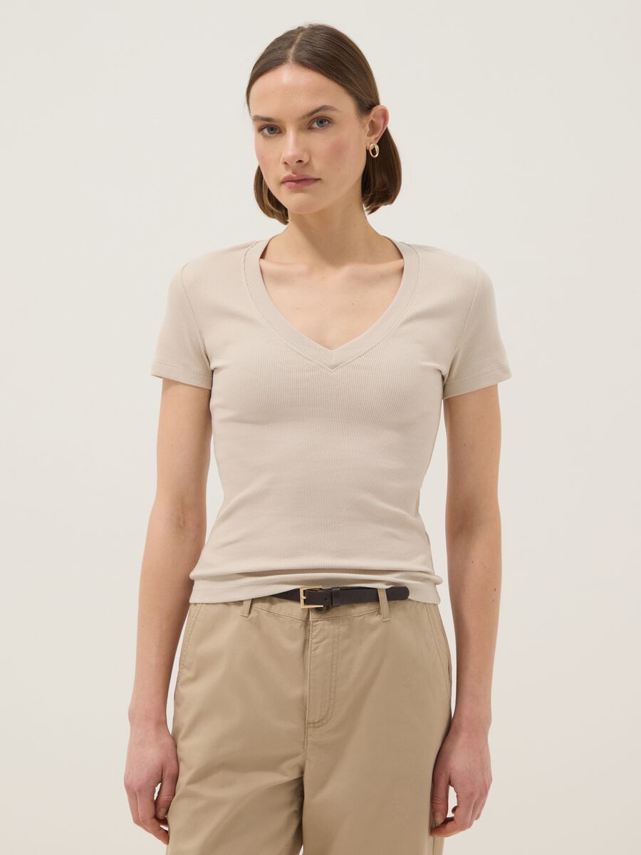 Beige Stretch Cotton Regular Fit T-shirt Deep V_0