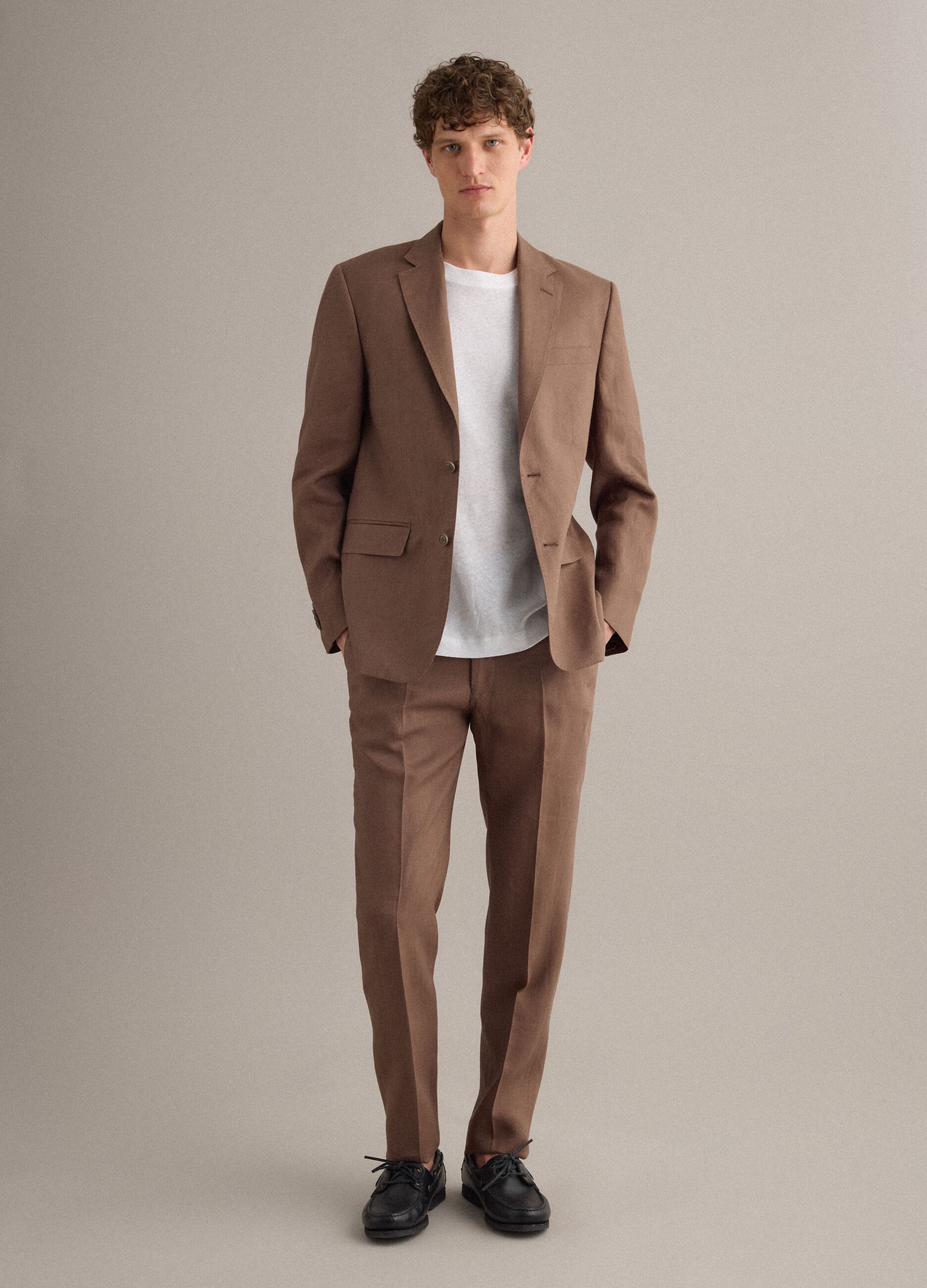 Brown pure linen slim-fit blazer