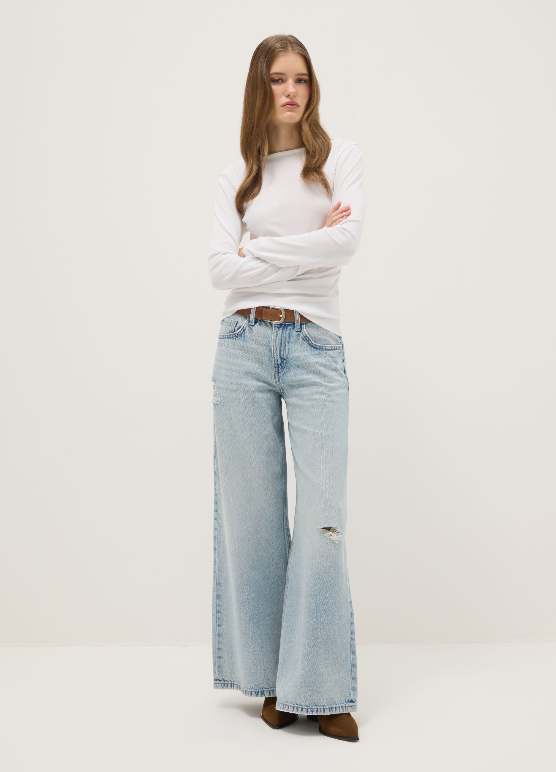 Blue wide leg pure cotton jeans with rips