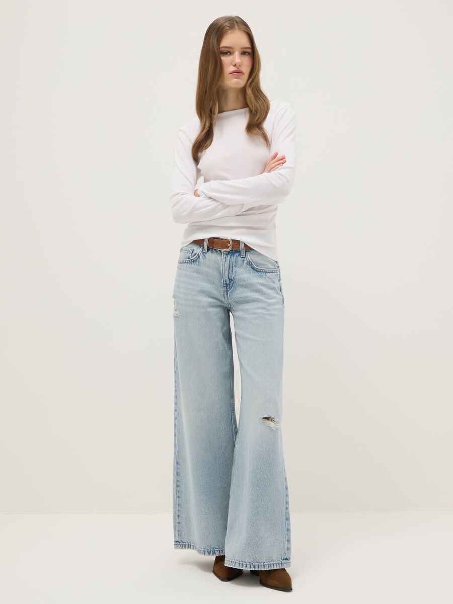 Blue wide leg pure cotton jeans with rips_0