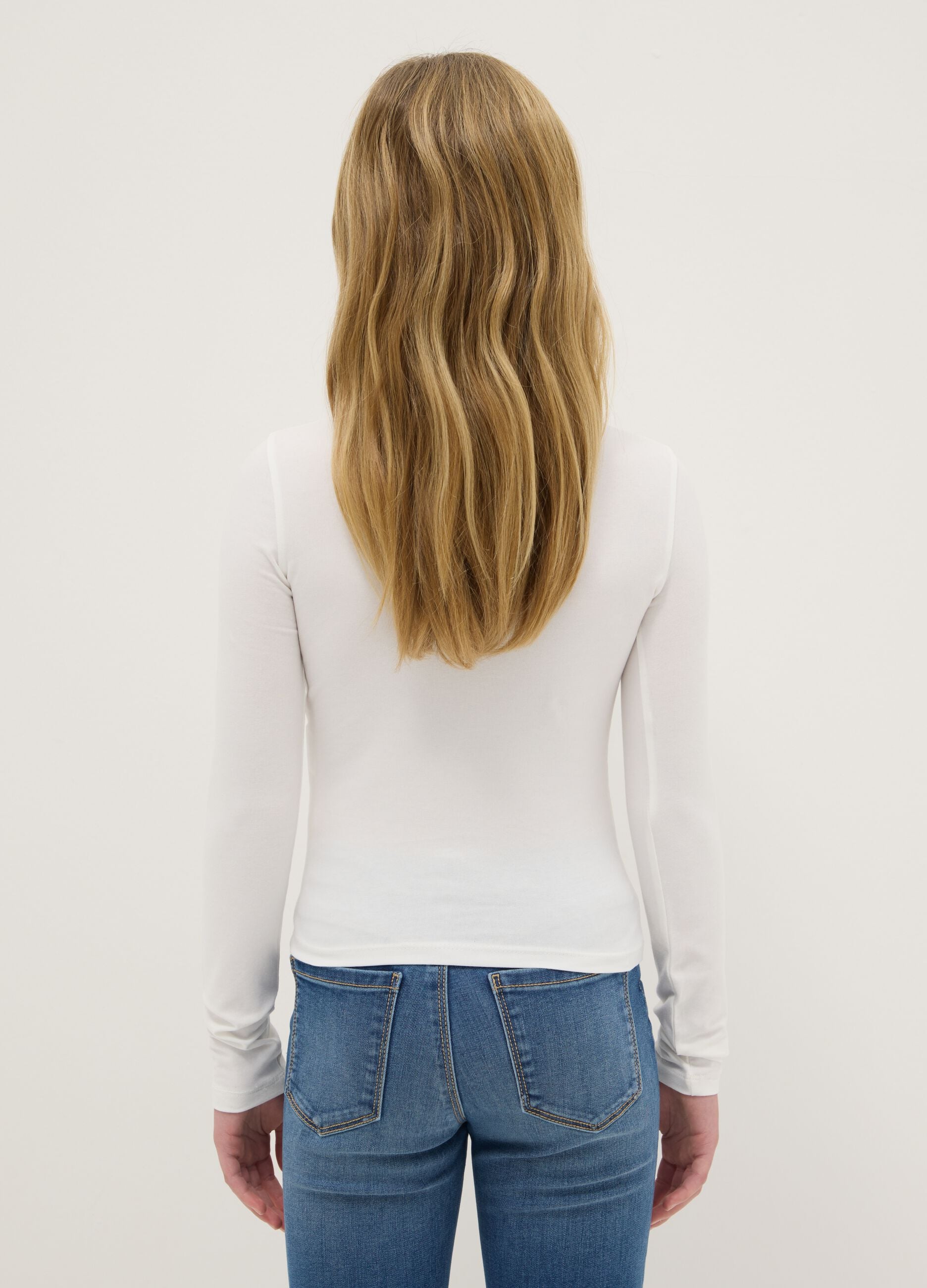 Girls' Slim Fit White Long Sleeve Cotton Blend Top