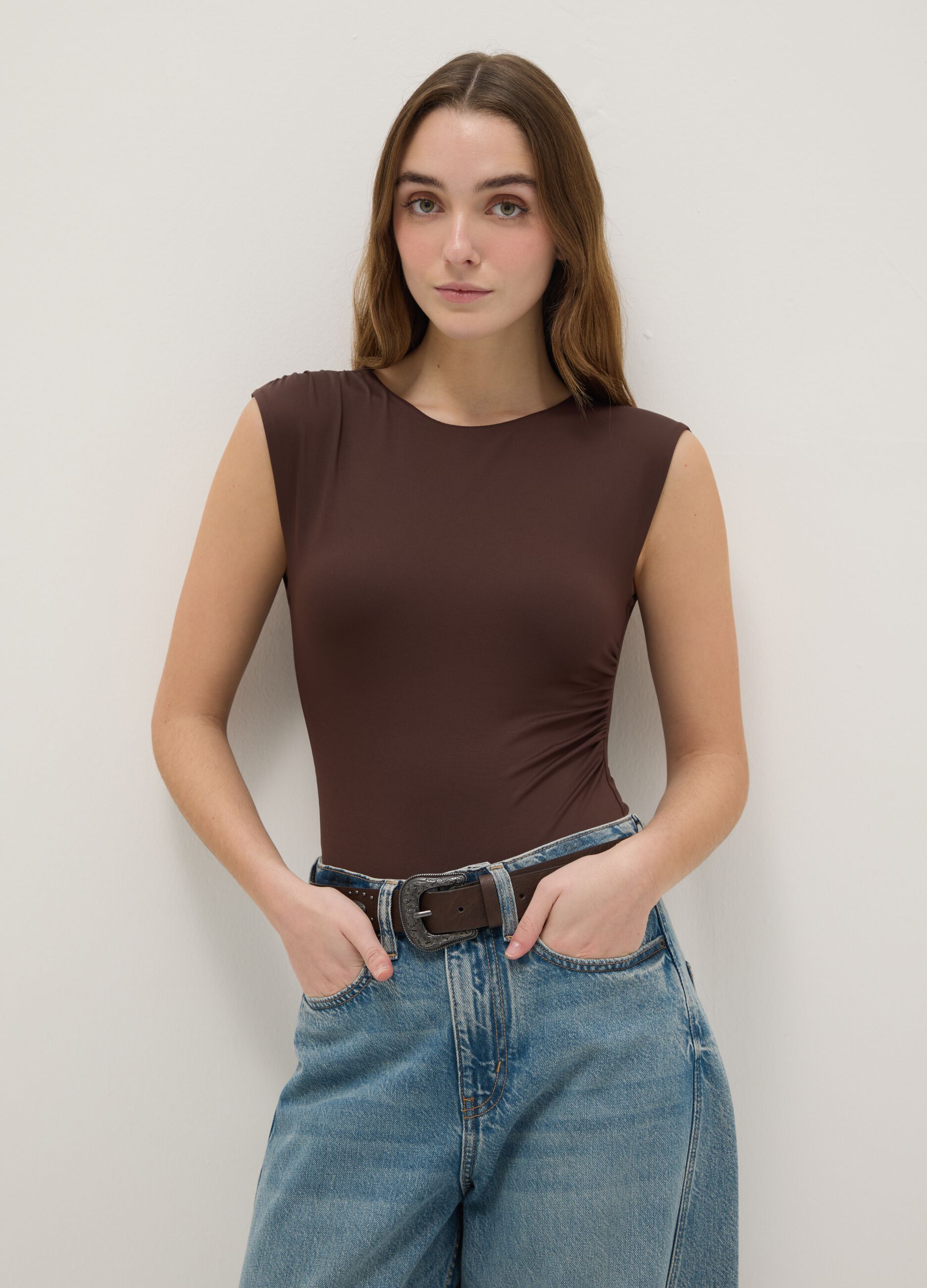 Brown stretch fabric bodysuit regular fit