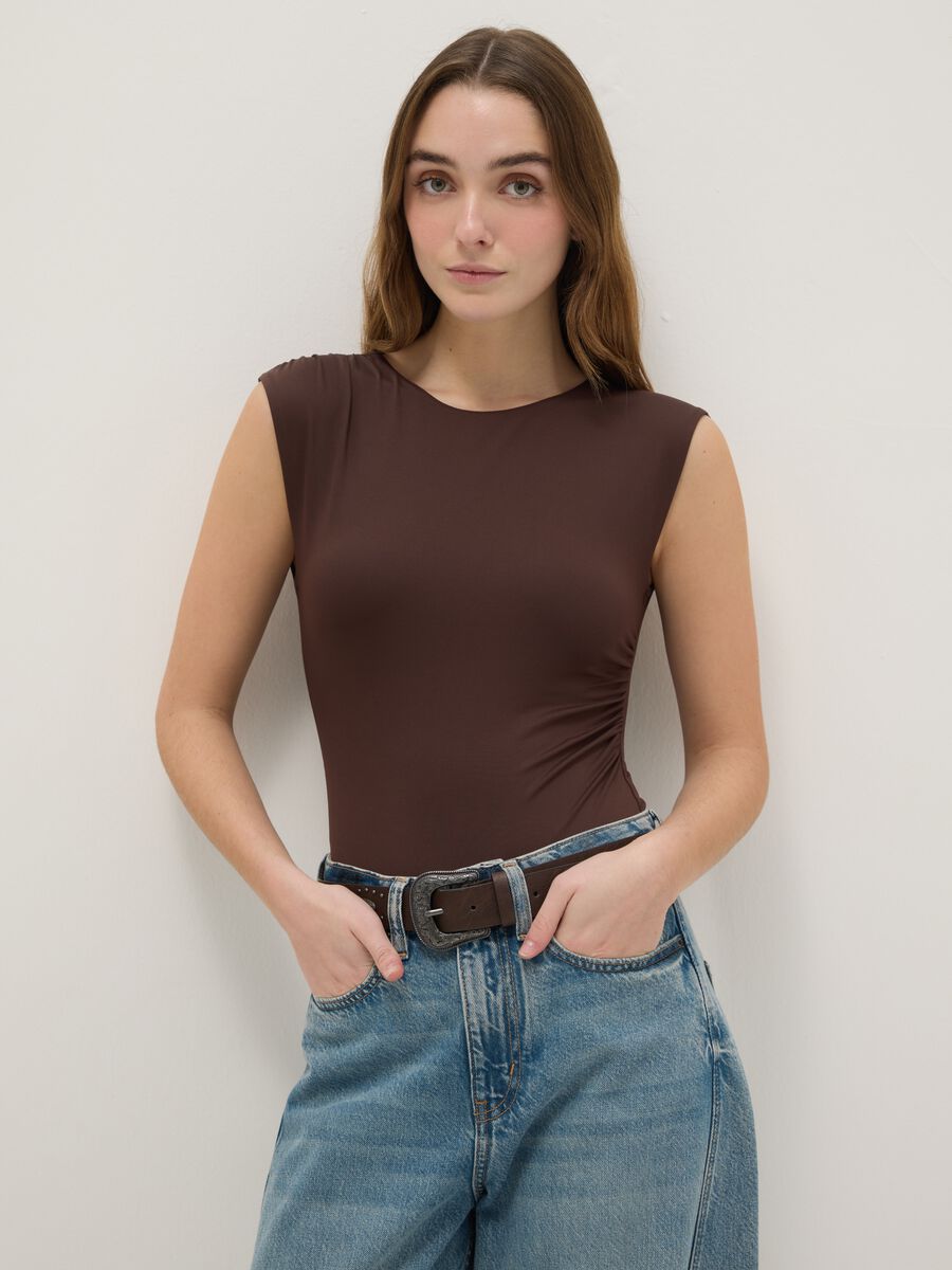 Brown stretch fabric bodysuit regular fit_0