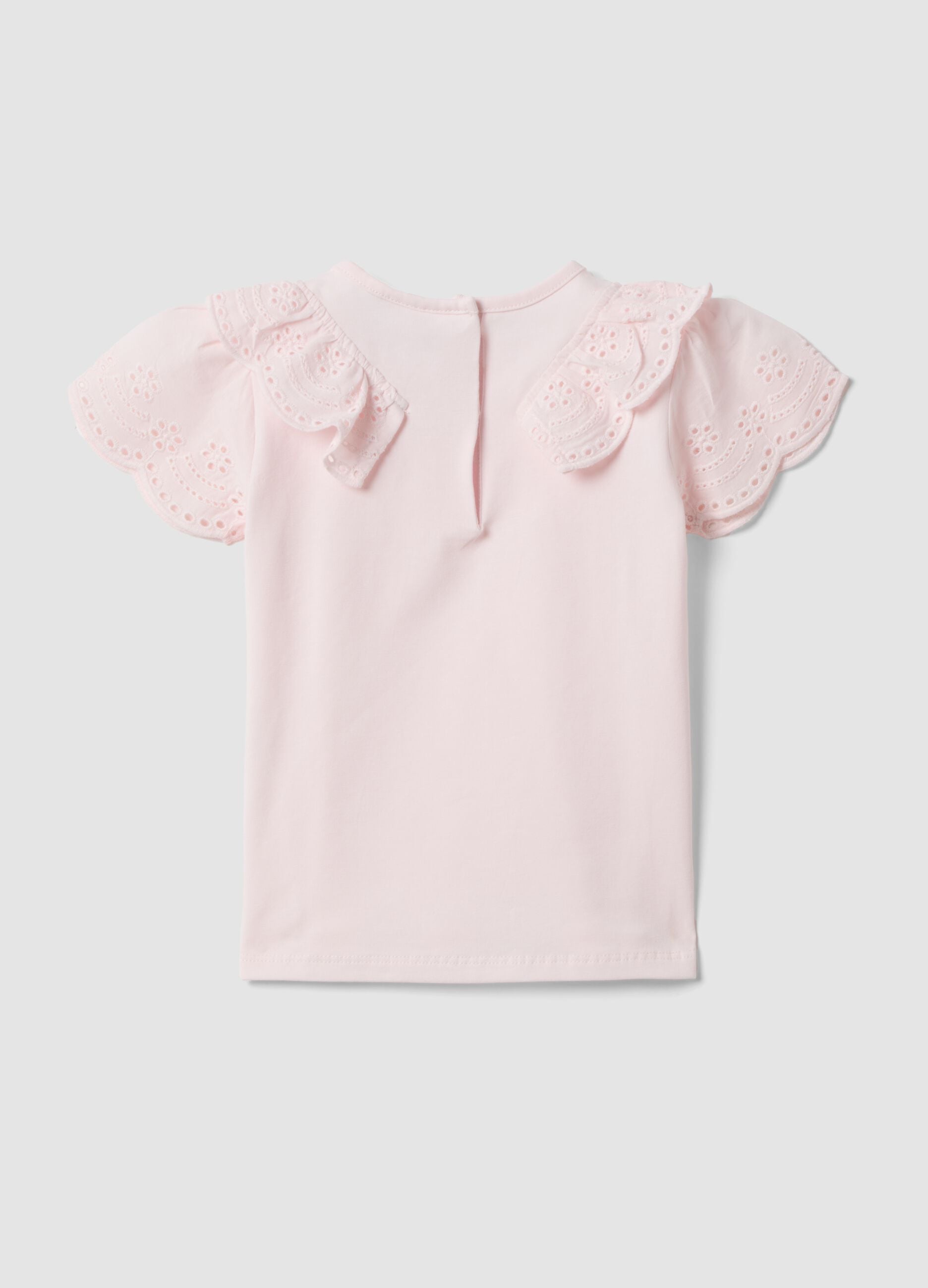 Pink short-sleeve stretch cotton T-shirt with broderie anglaise embroidery