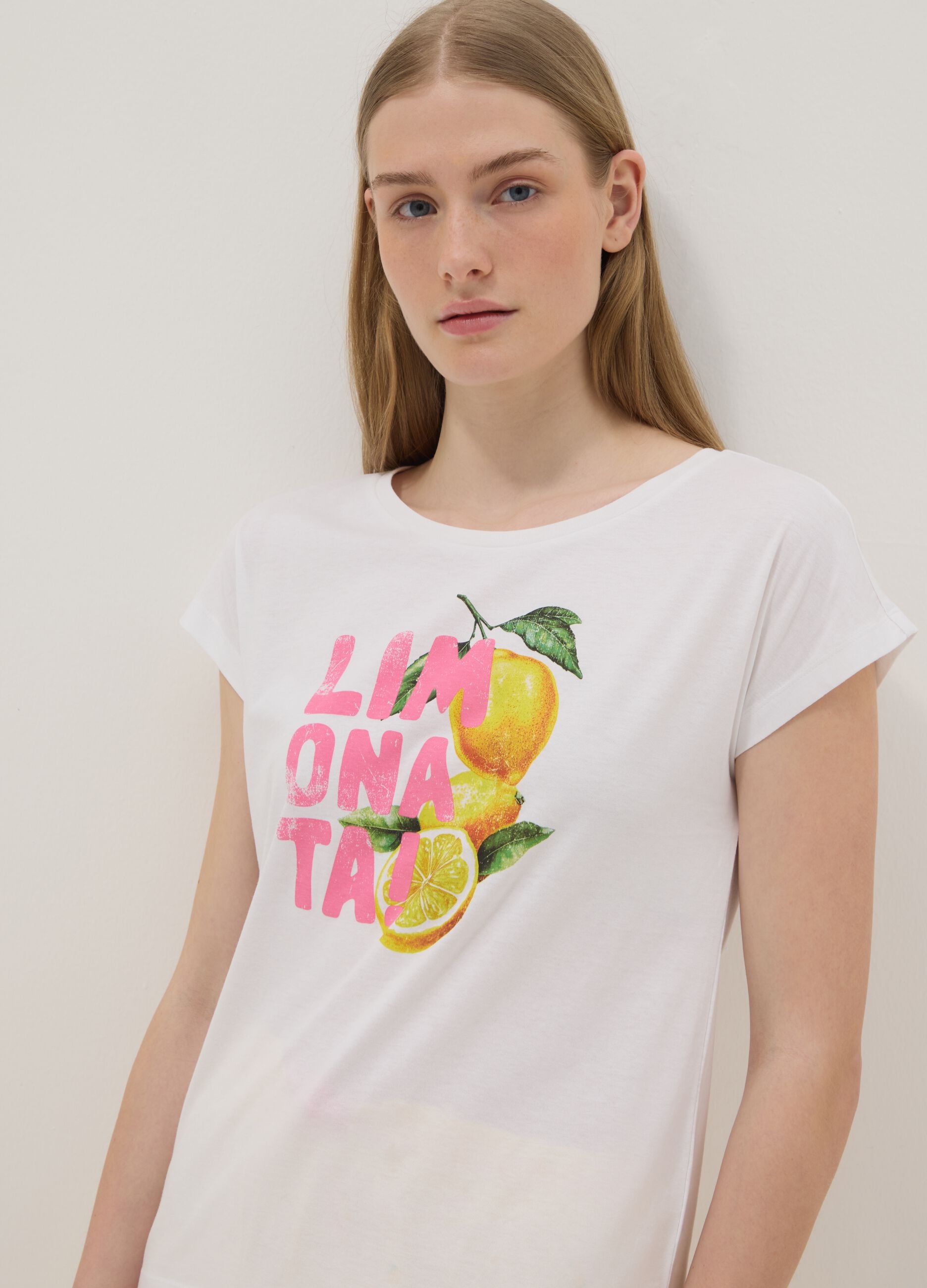 White organic cotton pyjama T-shirt with print, regular fit