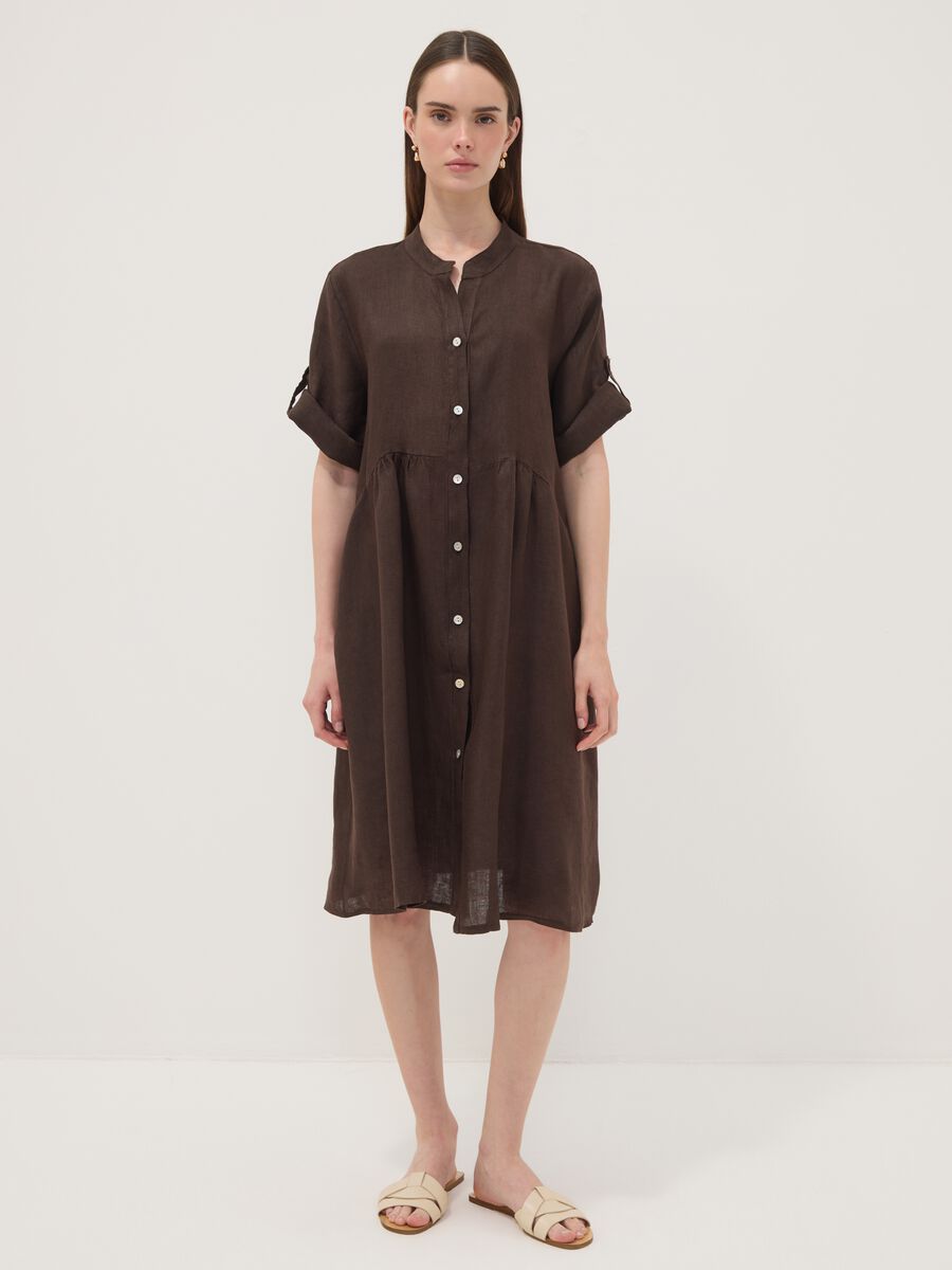 Brown pure linen dress with Mandarin collar, regular fit_0