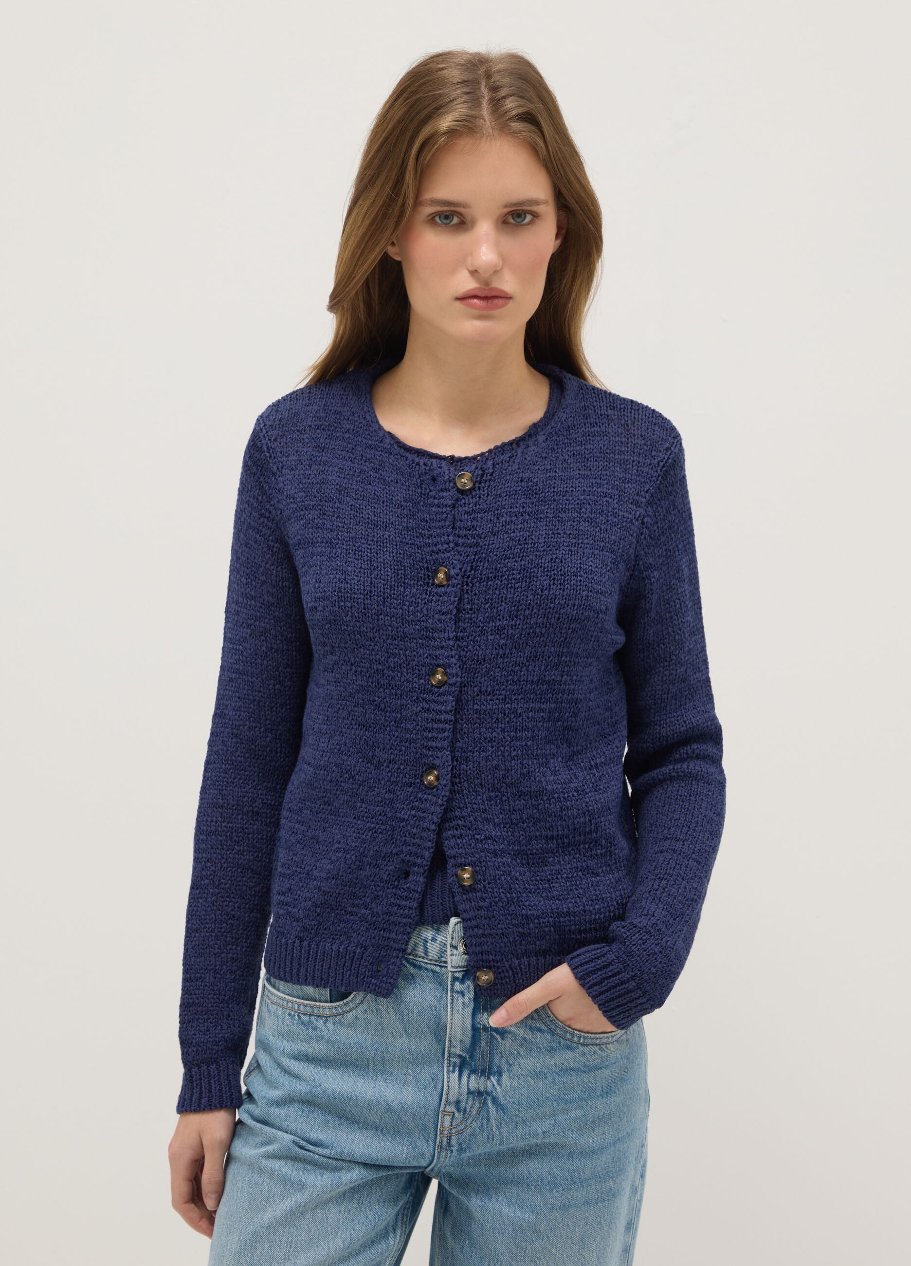 Blue cotton blend regular fit cardigan with buttons