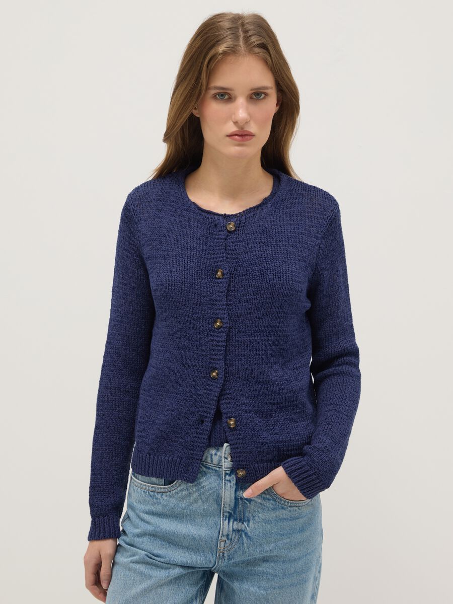 Blue cotton blend regular fit cardigan with buttons_0