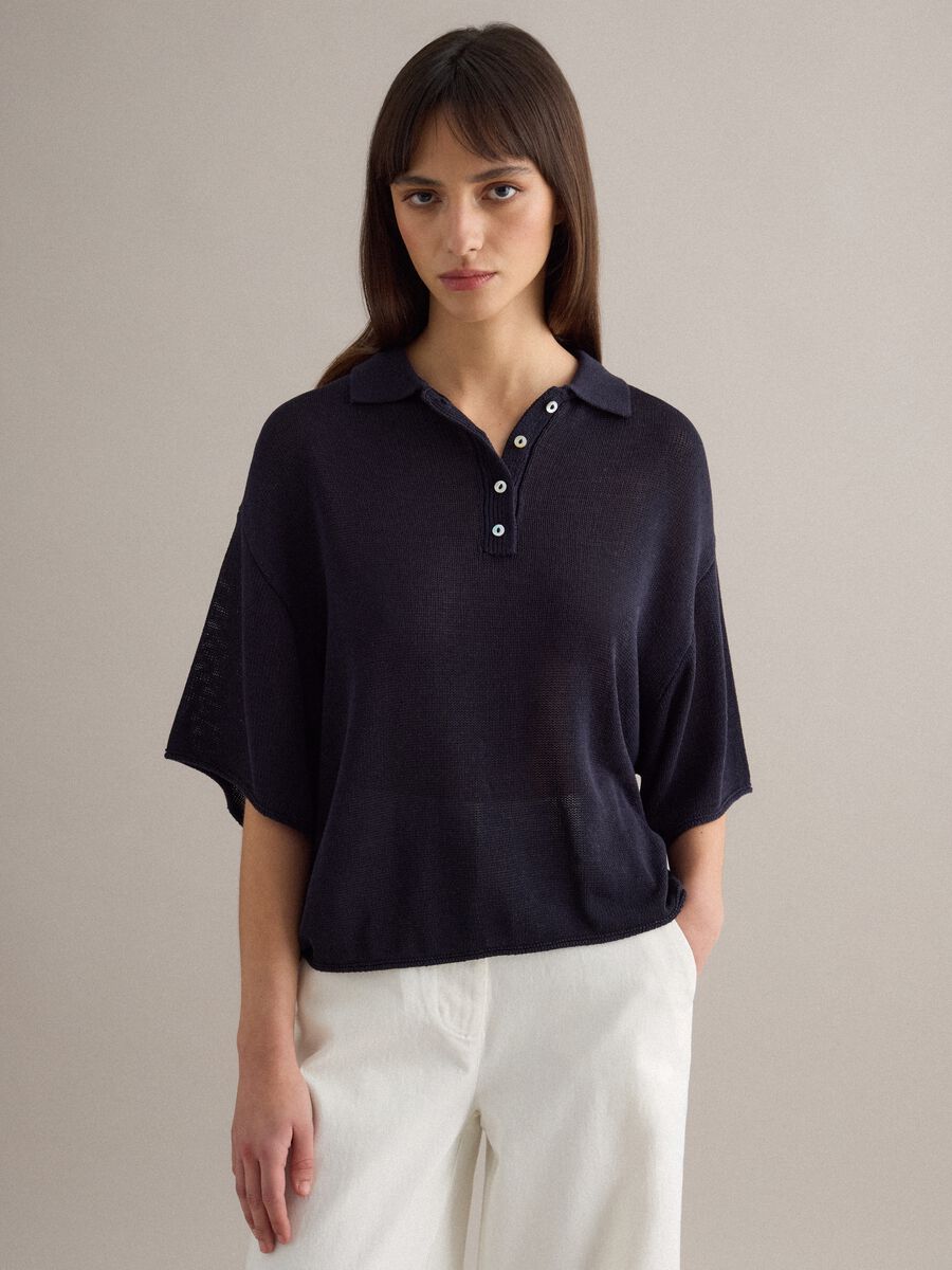 Regular fit blue polo with elbow sleeves_0