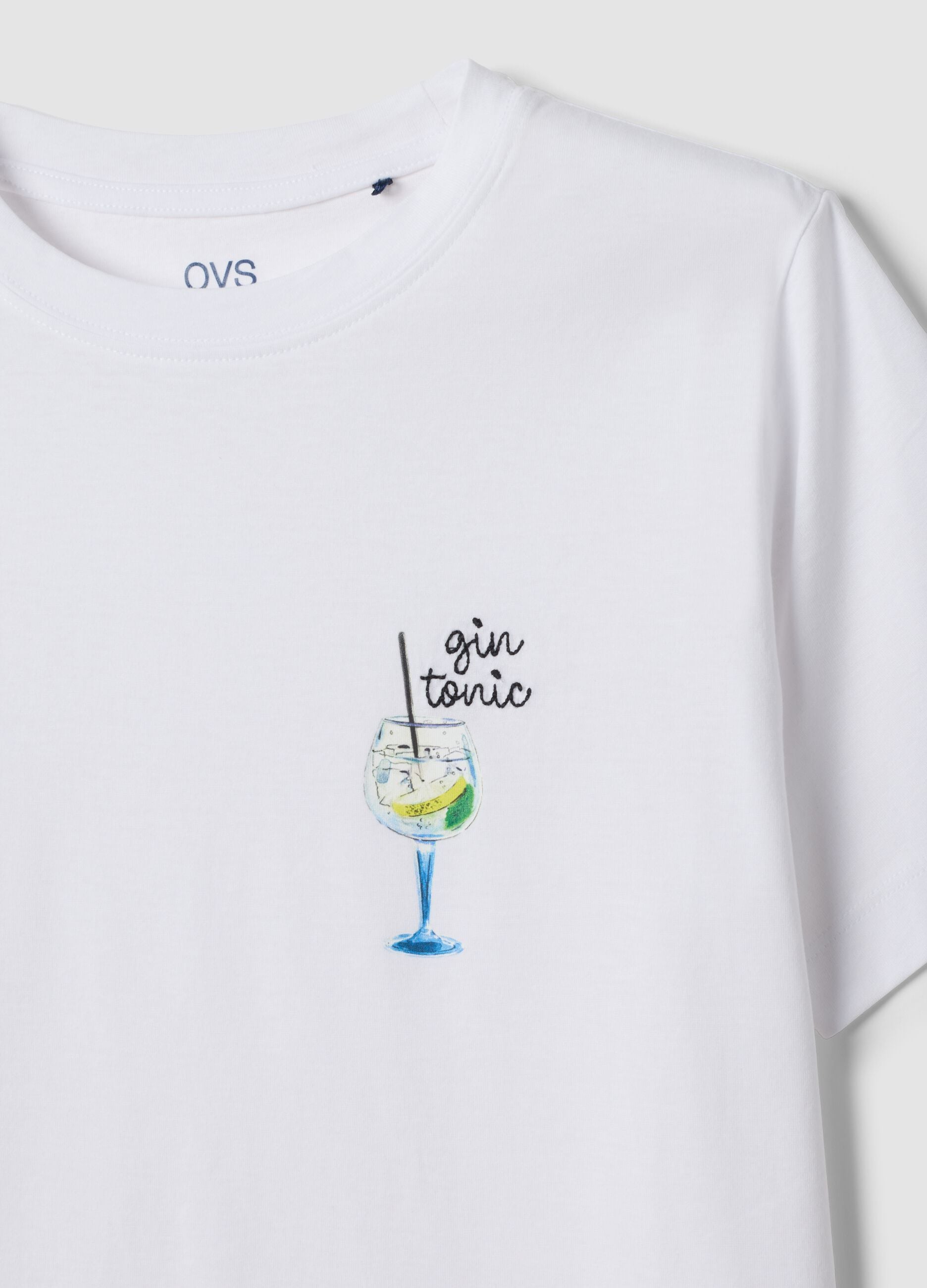 White pure cotton T-shirt with print, regular fit