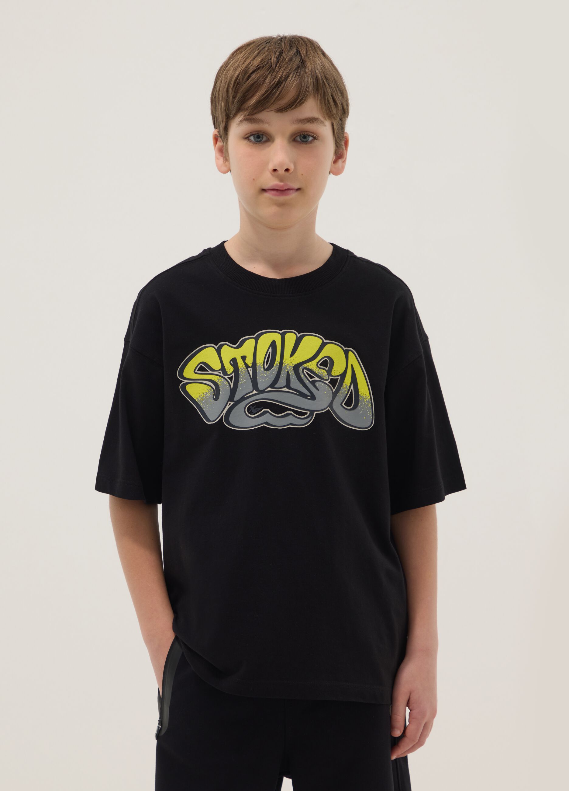 Black pure cotton T-shirt with front print