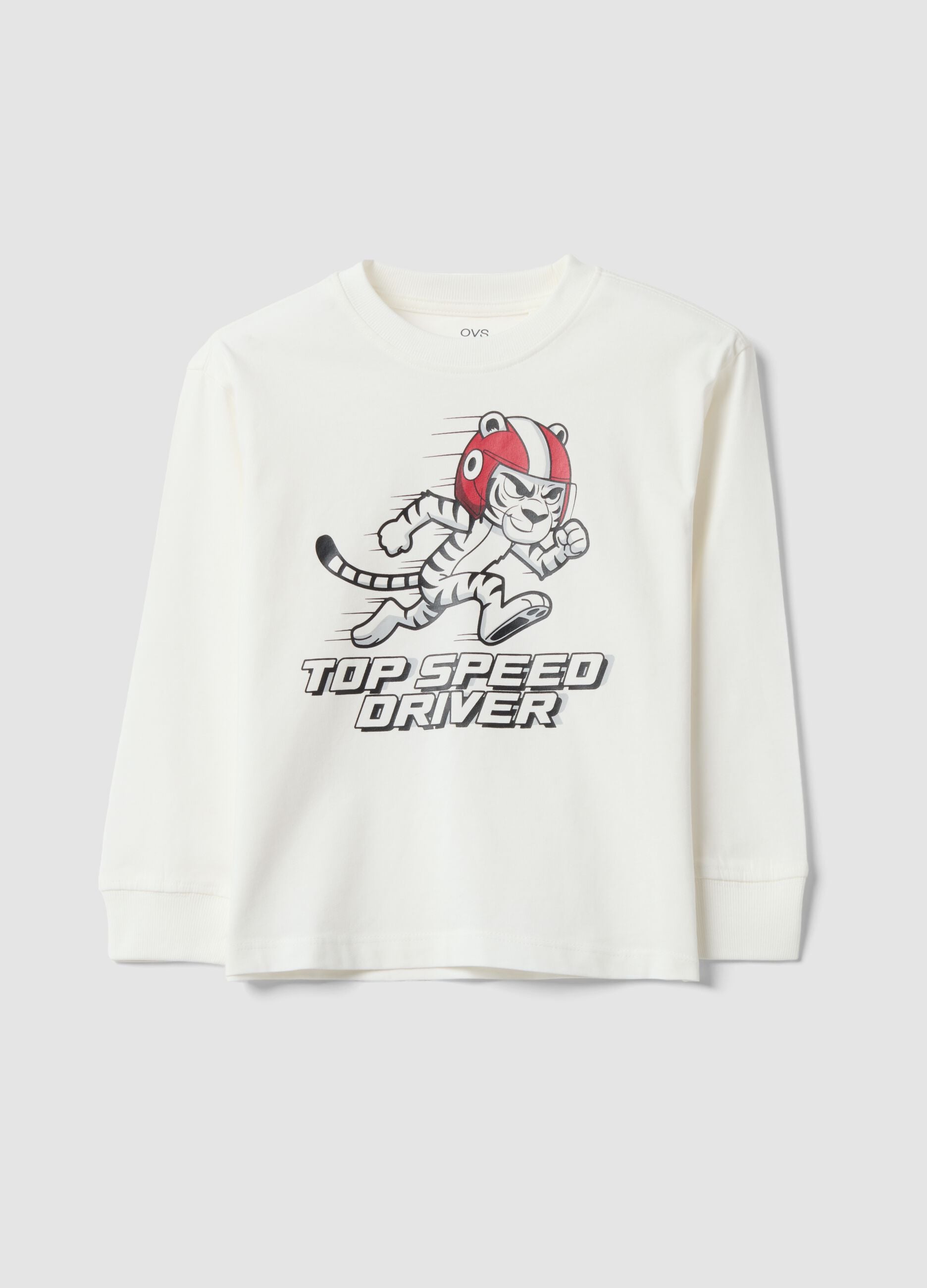 White pure cotton crew-neck T-shirt with Top Speed Driver print