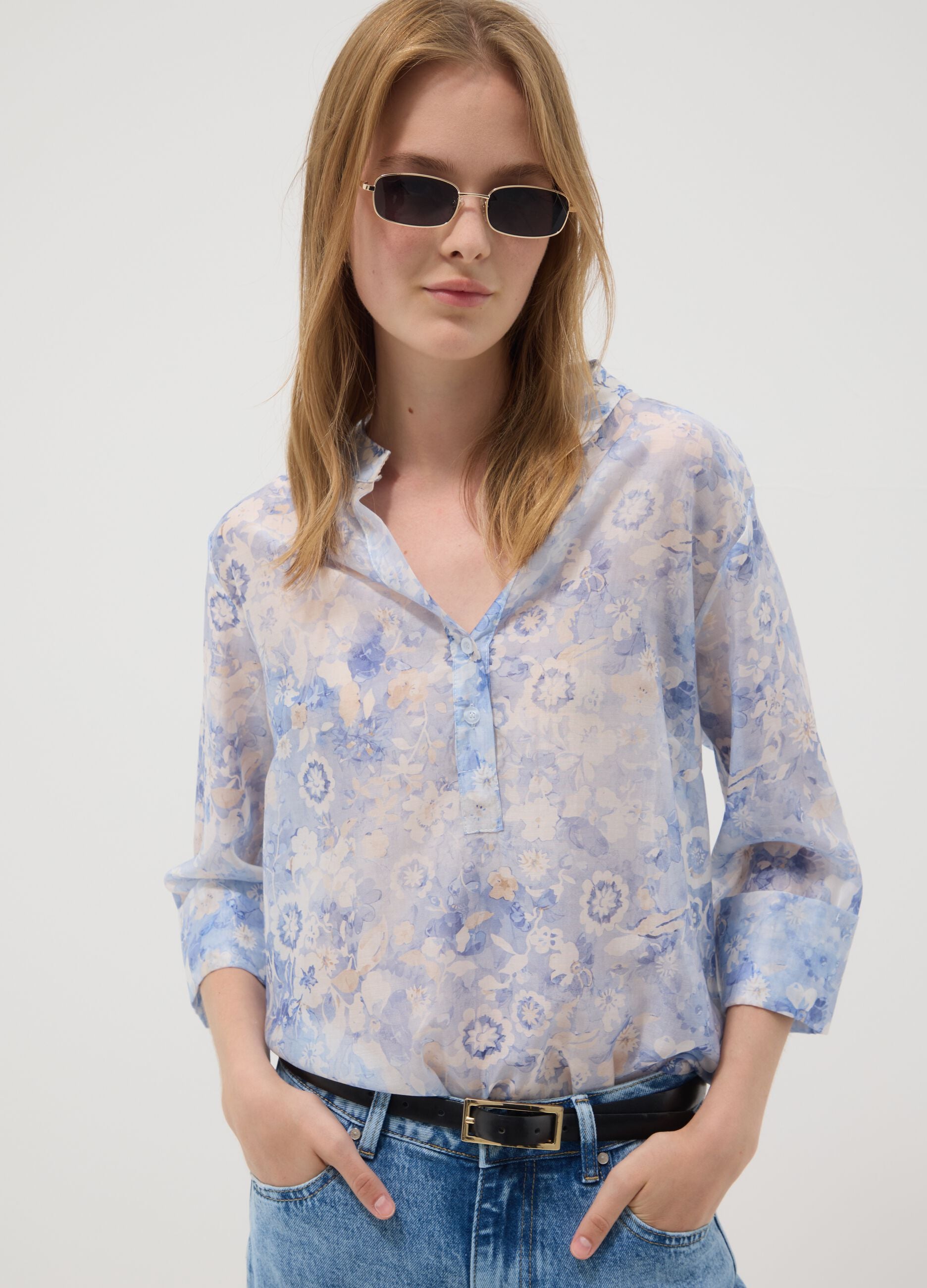 Blue floral lyocell-blend blouse