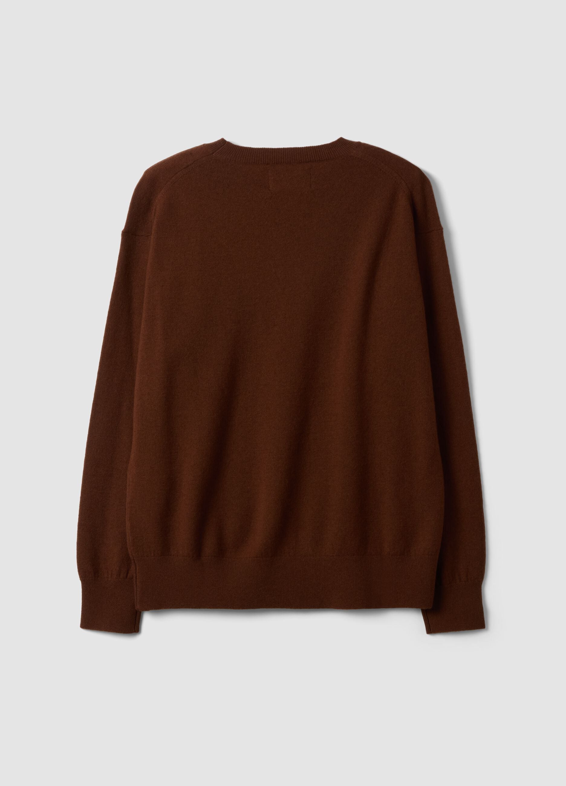 Brown pure wool crew-neck jumper with oversized fit