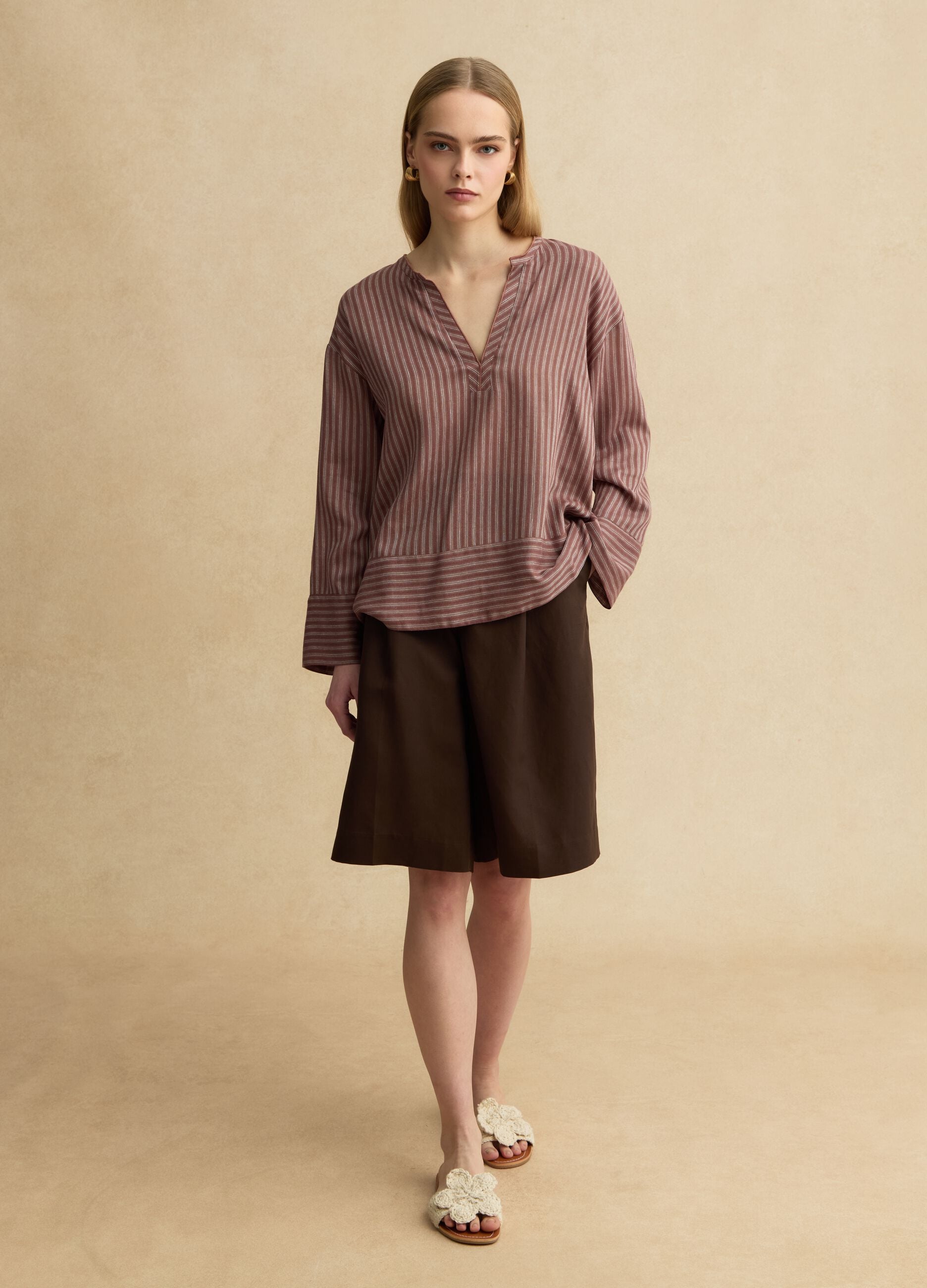 Regular fit multicolour striped linen-blend shirt with a Mandarin collar