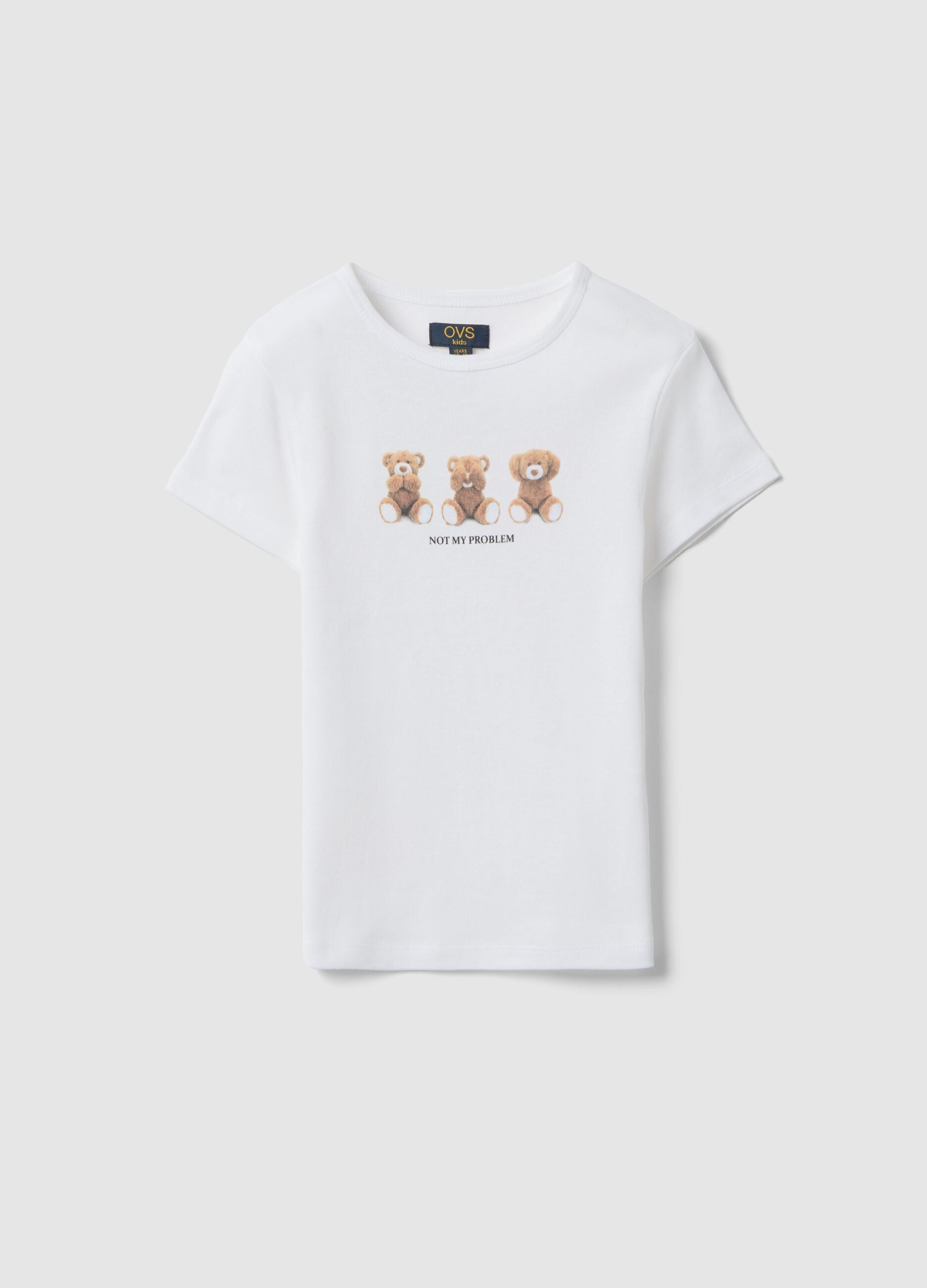 Girls' pure cotton white slim fit t-shirt with teddy bears