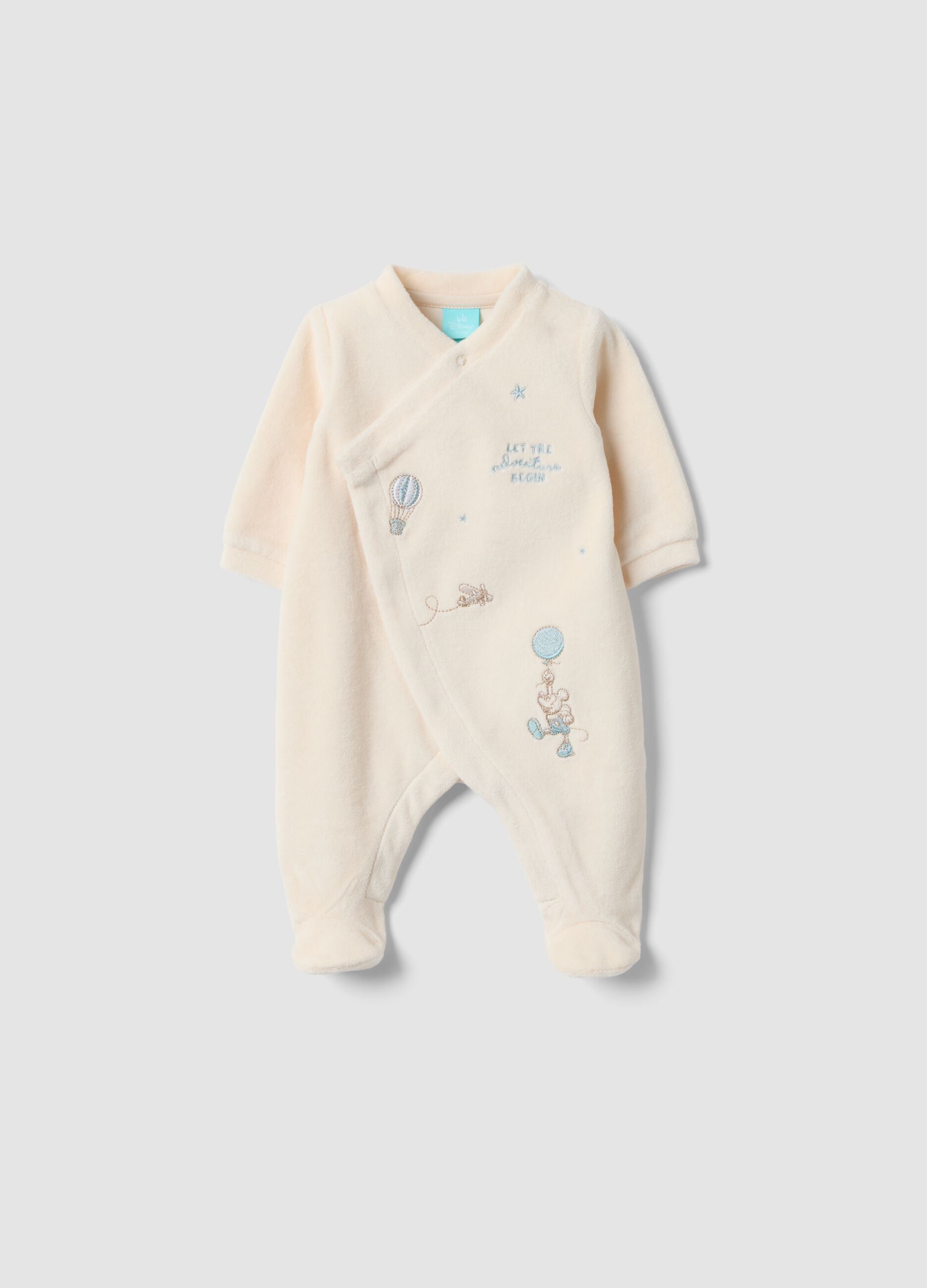 Beige organic cotton-blend all-in-one baby sleepsuit with Mickey embroidery