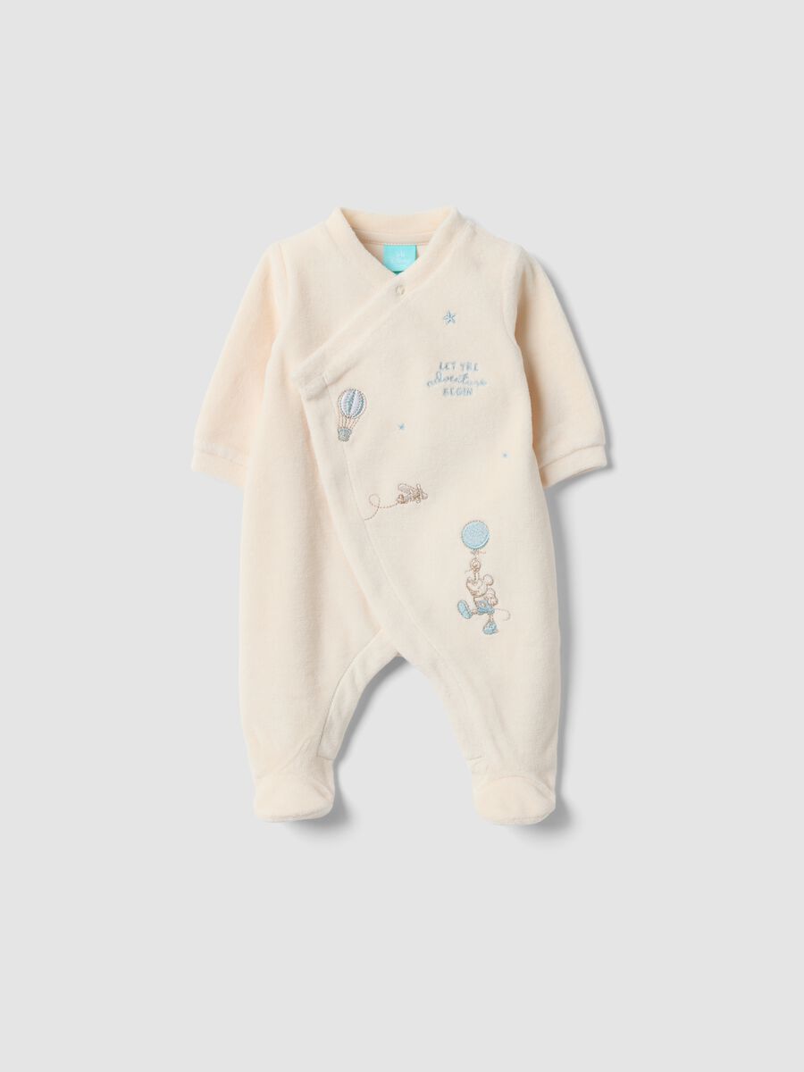 Beige organic cotton-blend all-in-one baby sleepsuit with Mickey embroidery_0