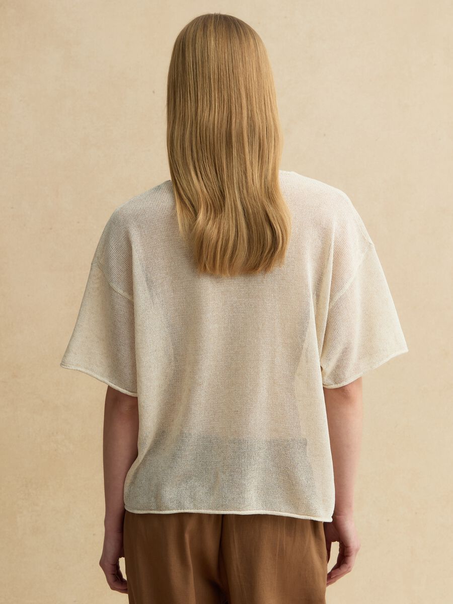 Oversized beige lyocell and linen blend jumper with V-neck_3