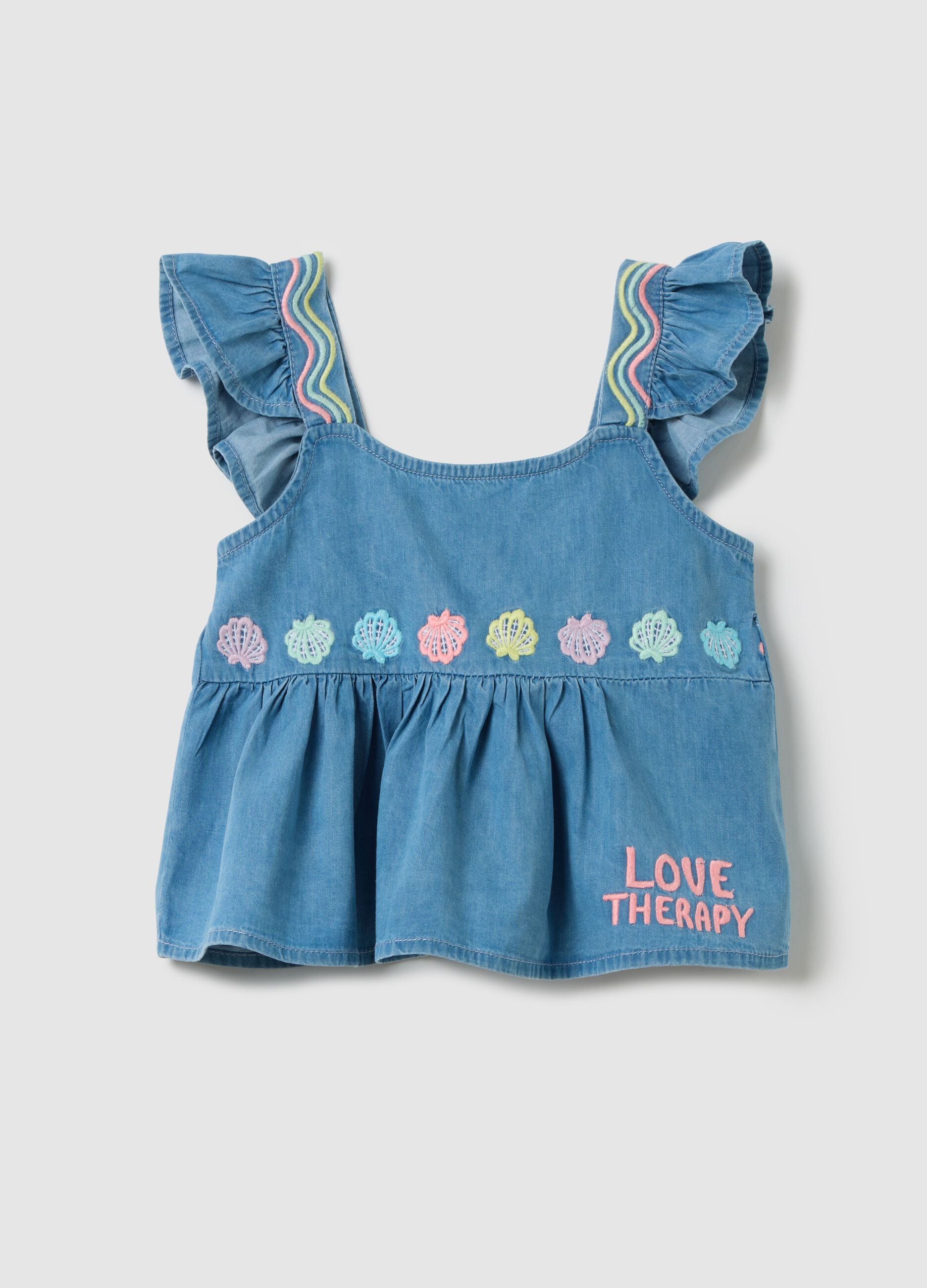 Sleeveless chambray top with embroidery
