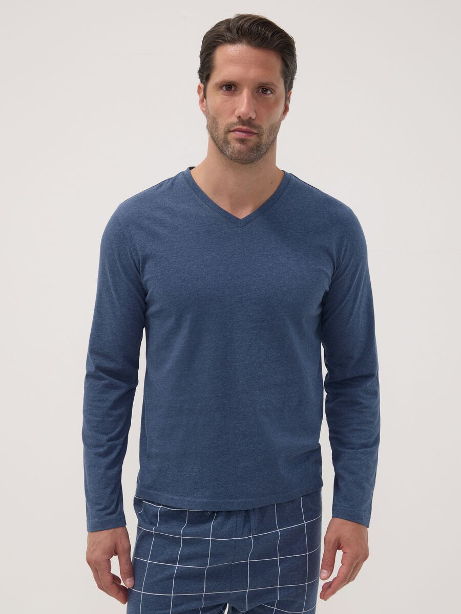 Blue V-neck pyjamas in pure organic cotton_1