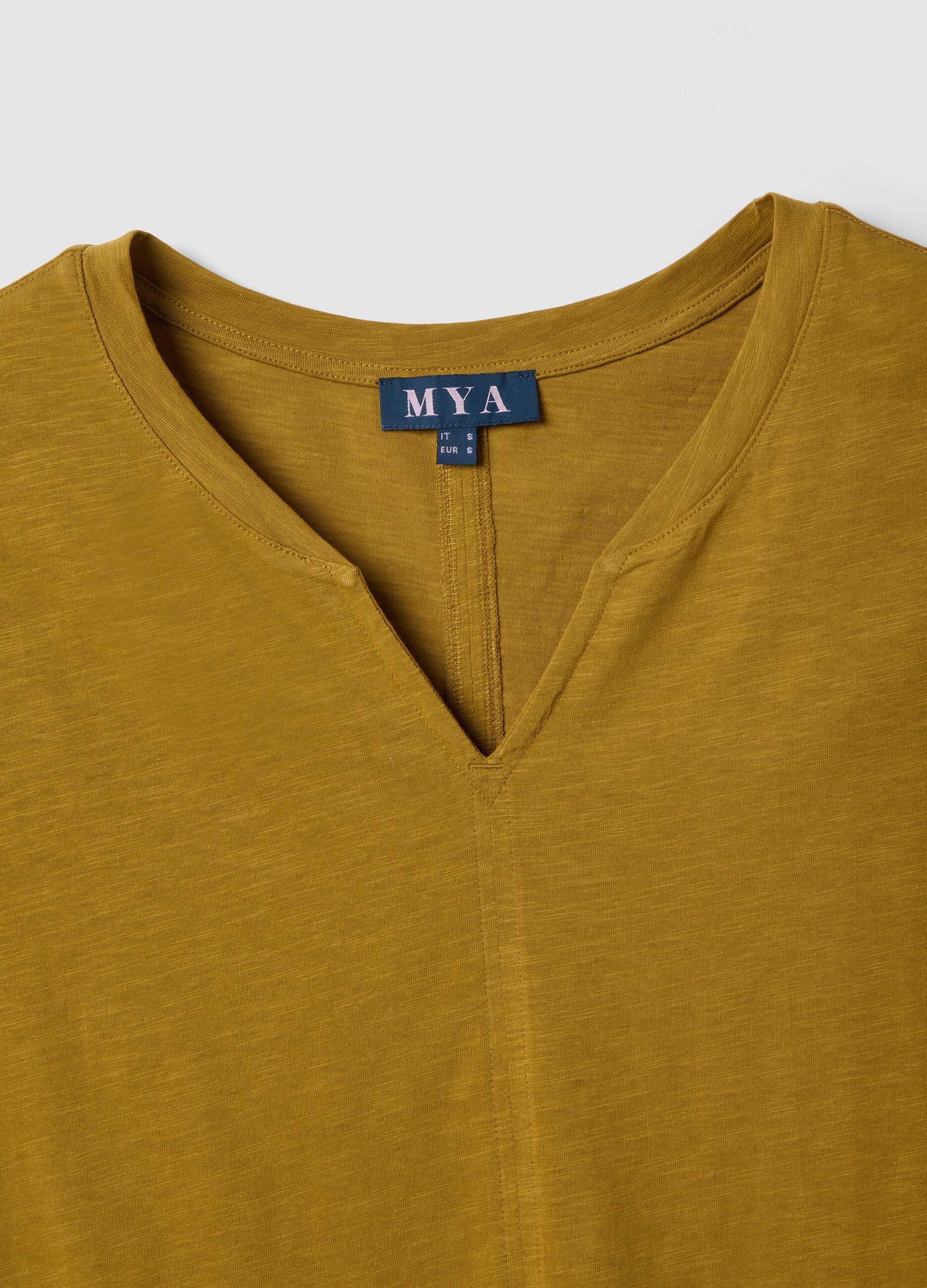 Yellow pure cotton regular fit V-neck T-shirt