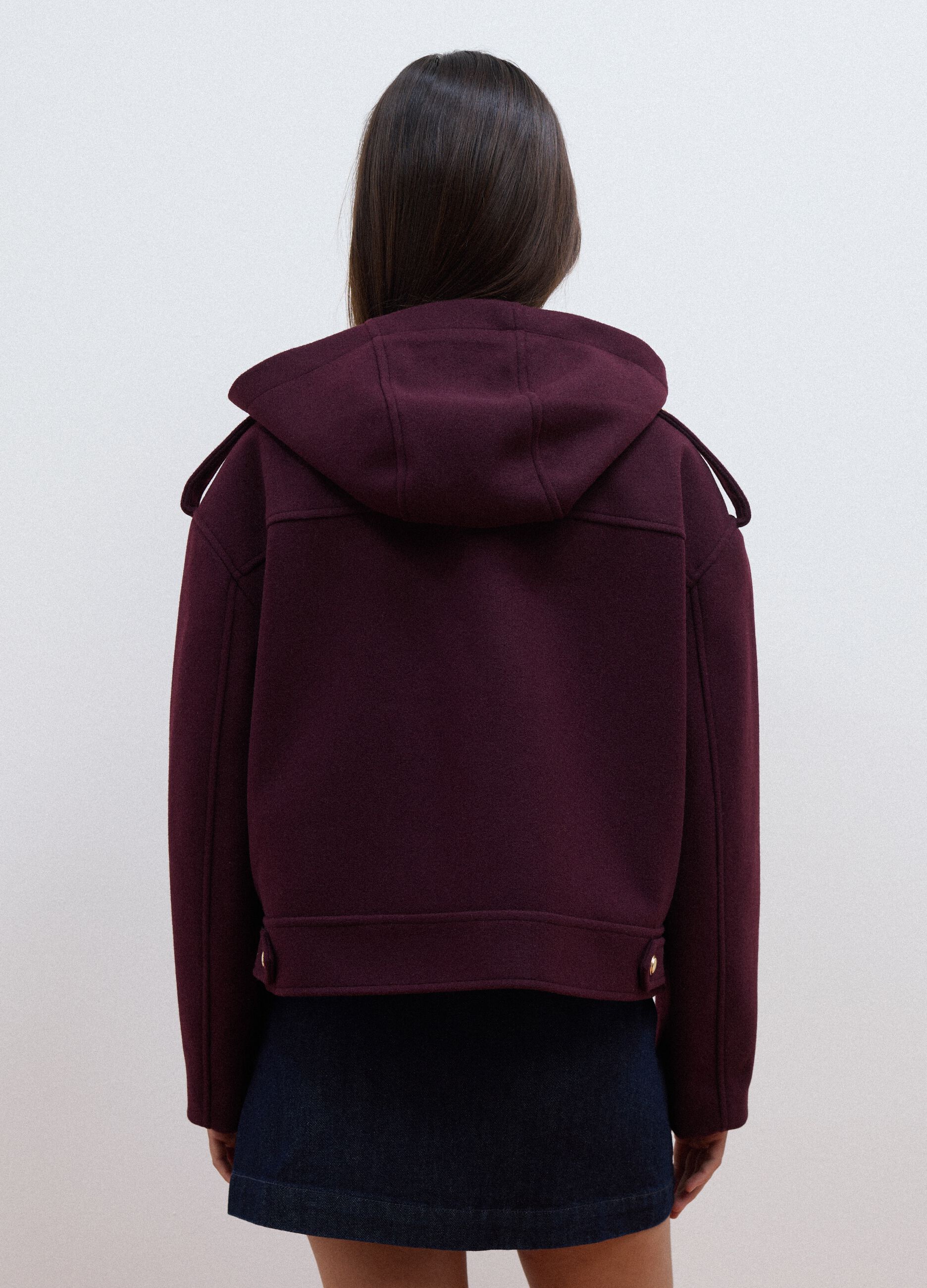 Purple hooded jacket with press-stud fastening