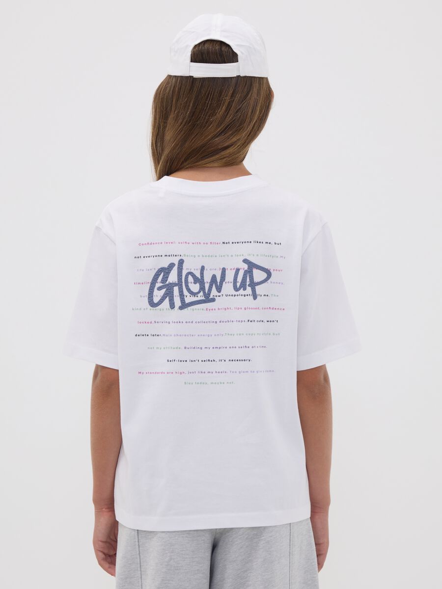 White pure cotton T-shirt with ribbed neckline and &lsquo;Glow Up&rsquo; slogan_2