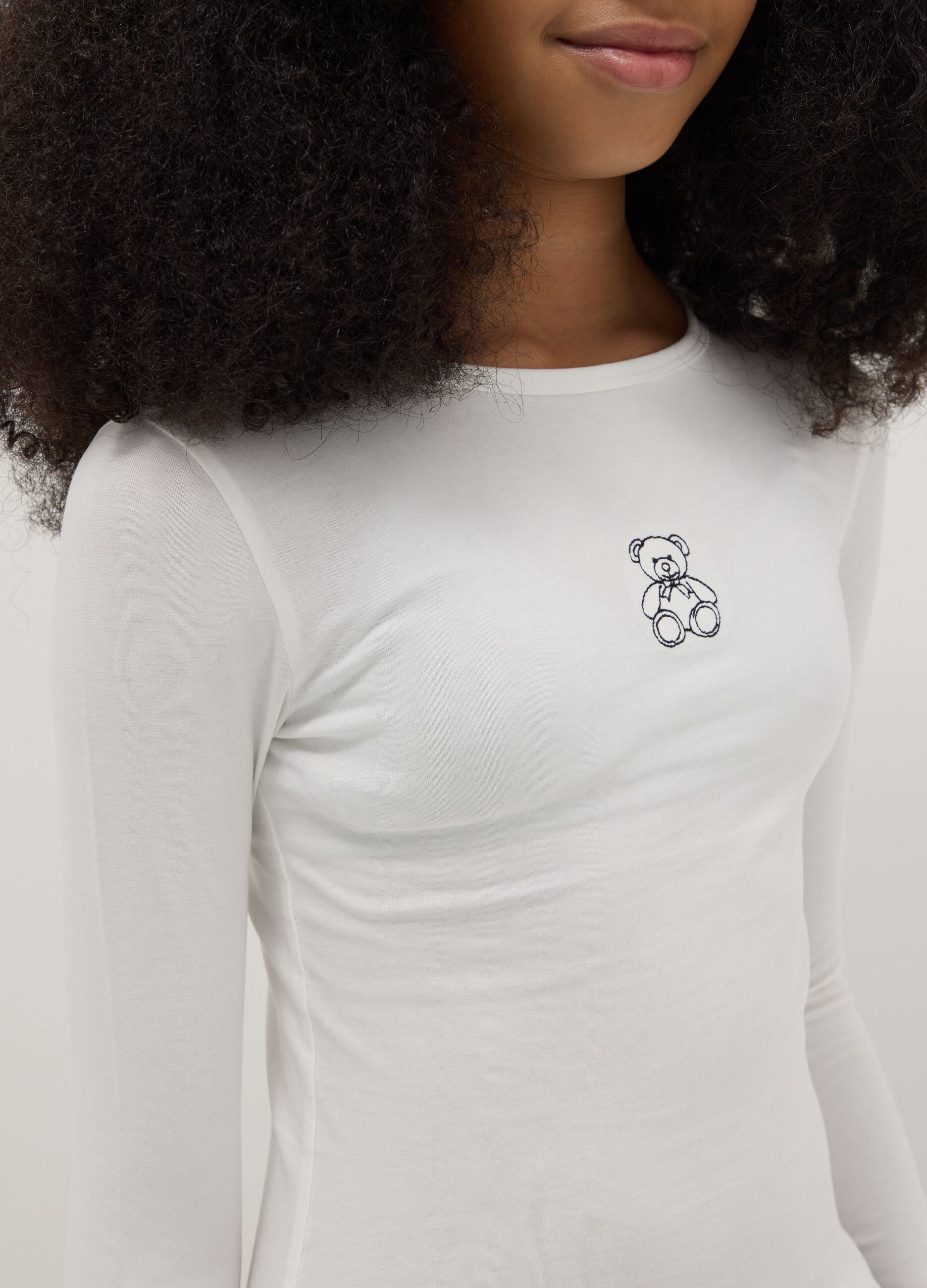 Girls' Long Sleeve White Cotton Blend Slim Fit T-Shirt