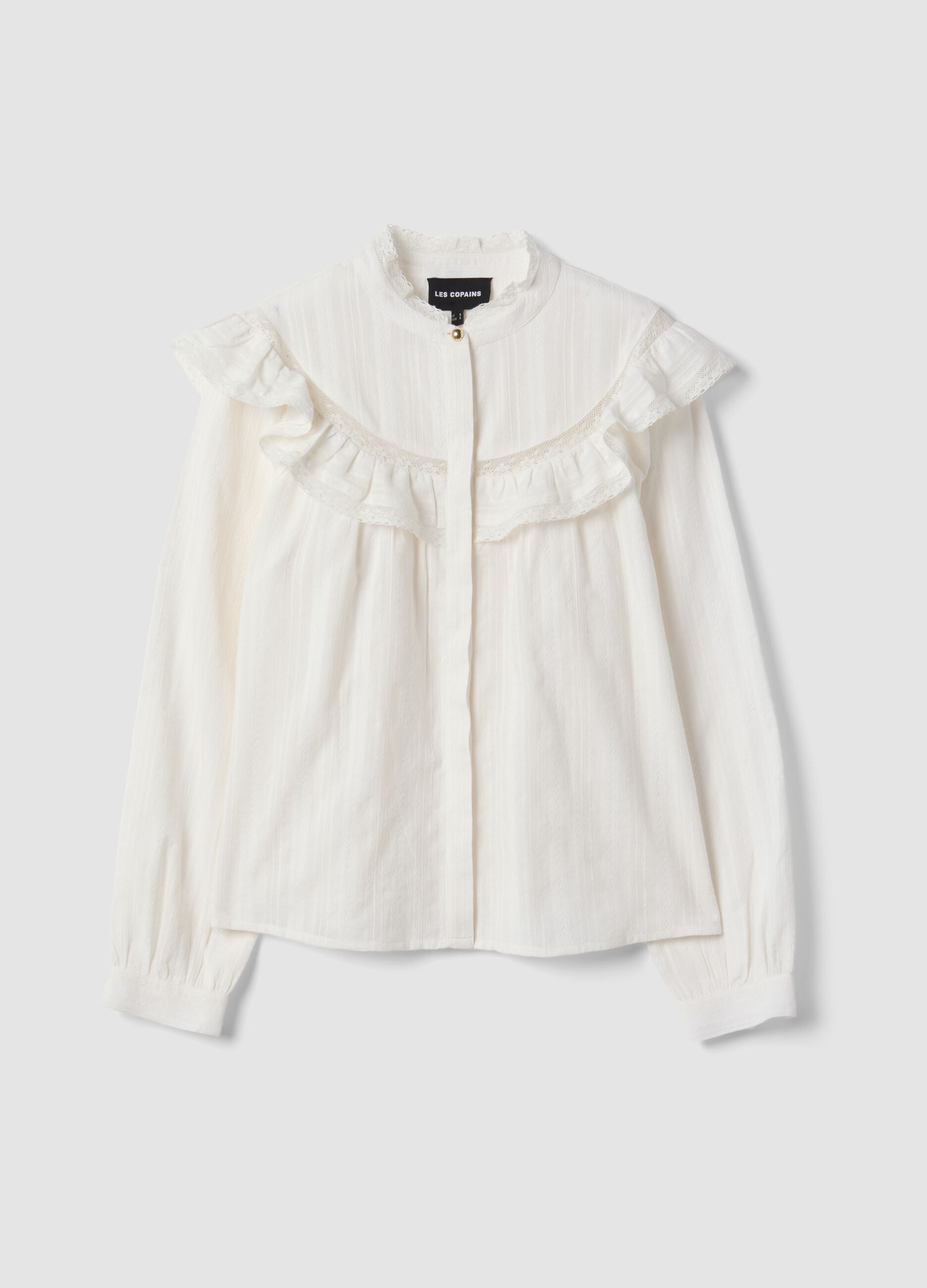 White pure cotton shirt with Mandarin collar and ruffles
