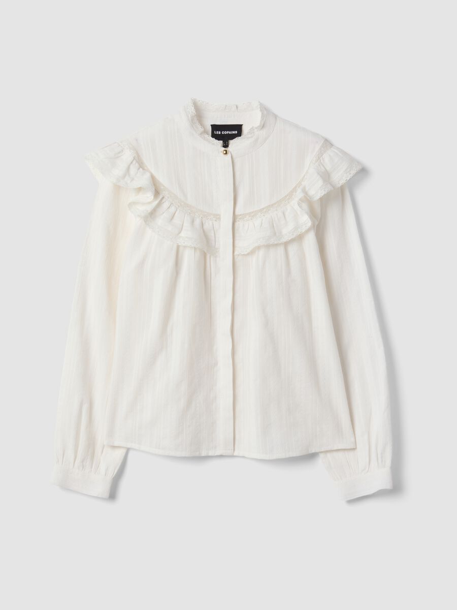 White pure cotton shirt with Mandarin collar and ruffles_0
