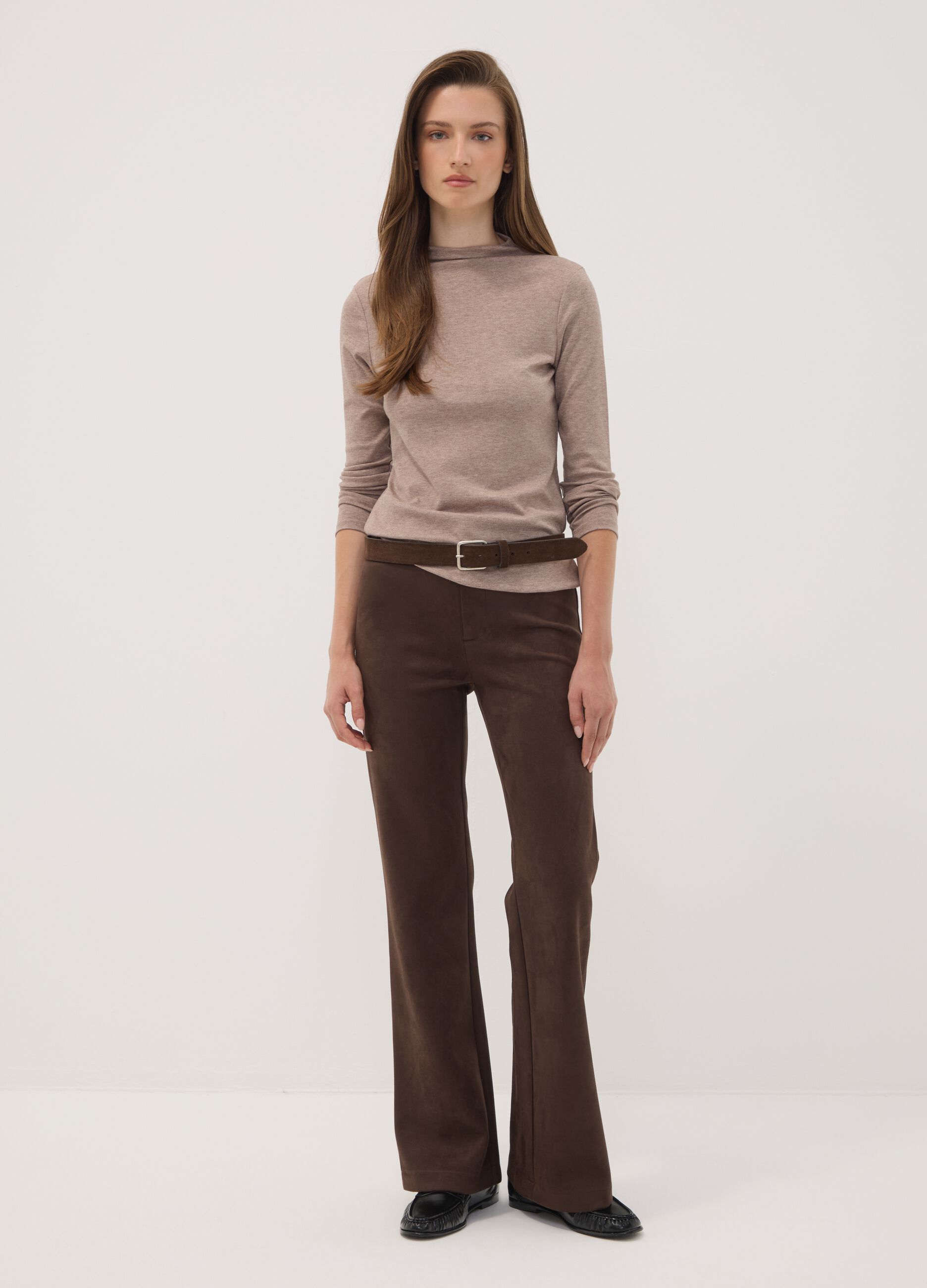 Beige stretch viscose crew-neck T-shirt