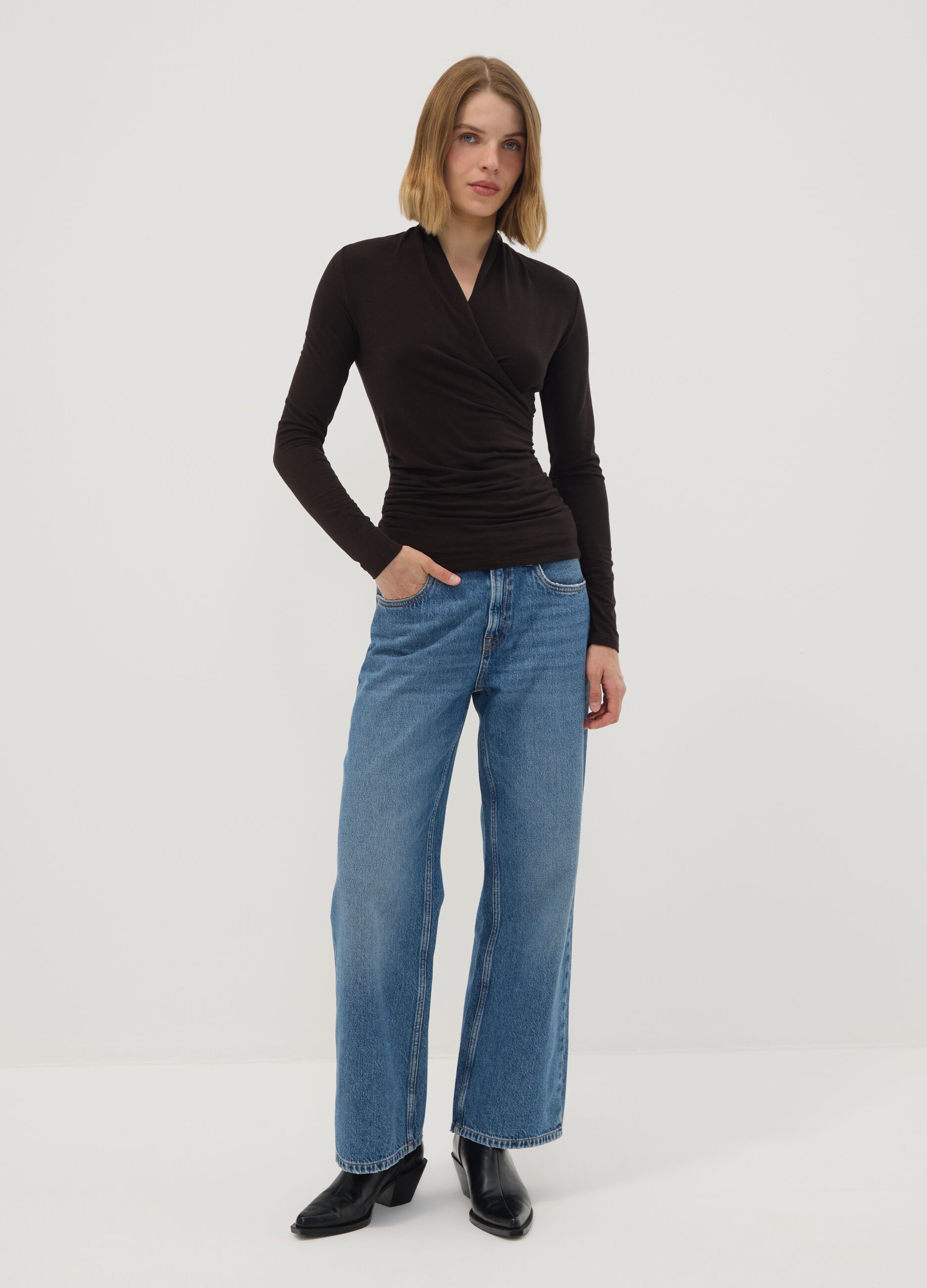 Brown stretch viscose, silk and wool crew-neck T-shirt, regular fit