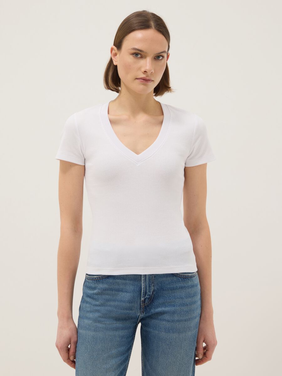 White regular fit deep V stretch cotton T-shirt_0