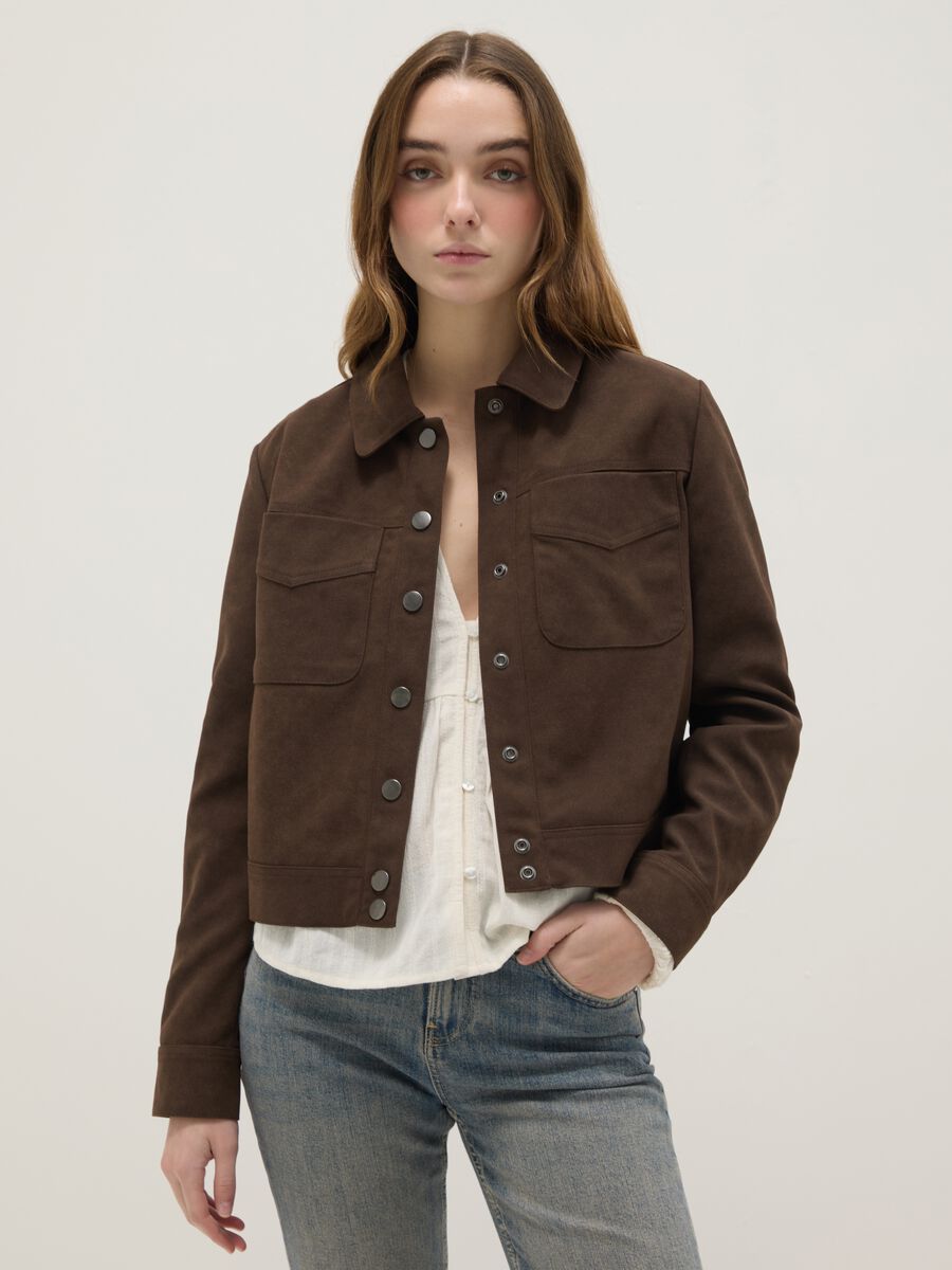 Brown regular fit jacket with snap buttons and chest pockets_0