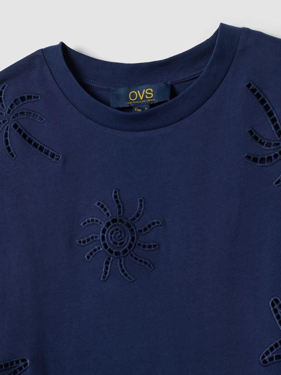 Blue pure cotton T-shirt with openwork embroidery, regular fit_5
