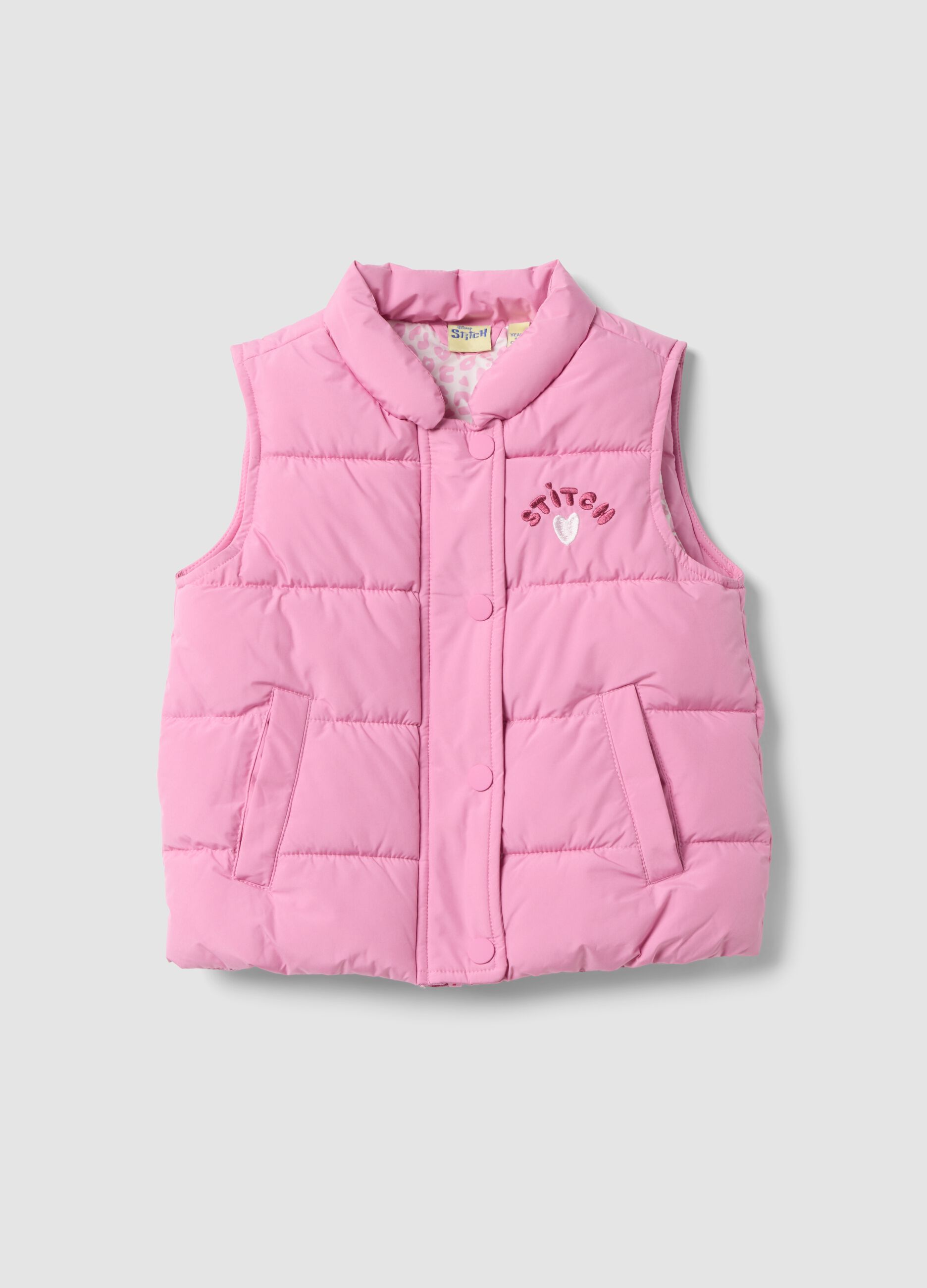 Girls&rsquo; pink padded gilet with Lilo & Stitch embroidery