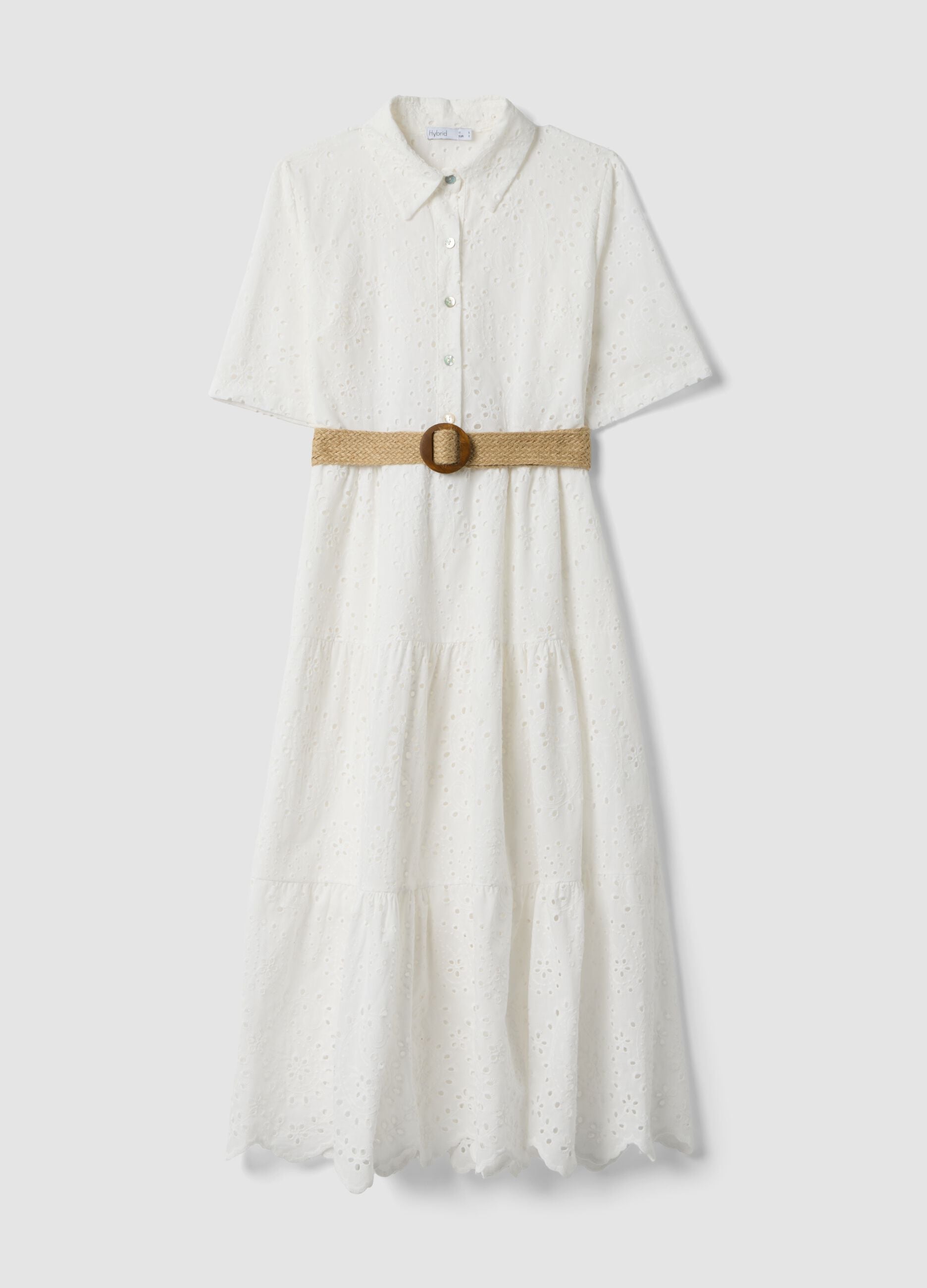 White midi broderie cotton dress with braided belt